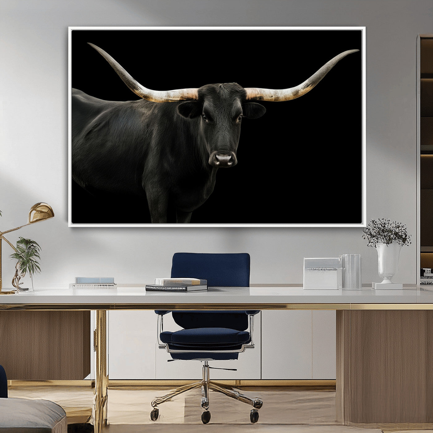 23572907-MGV-CV-36X24-Texas Longhorn Wall Art Canvas Print, Framed Rustic Western Decor Art Picture Print, Farmhouse Animal Perfect Modern Western