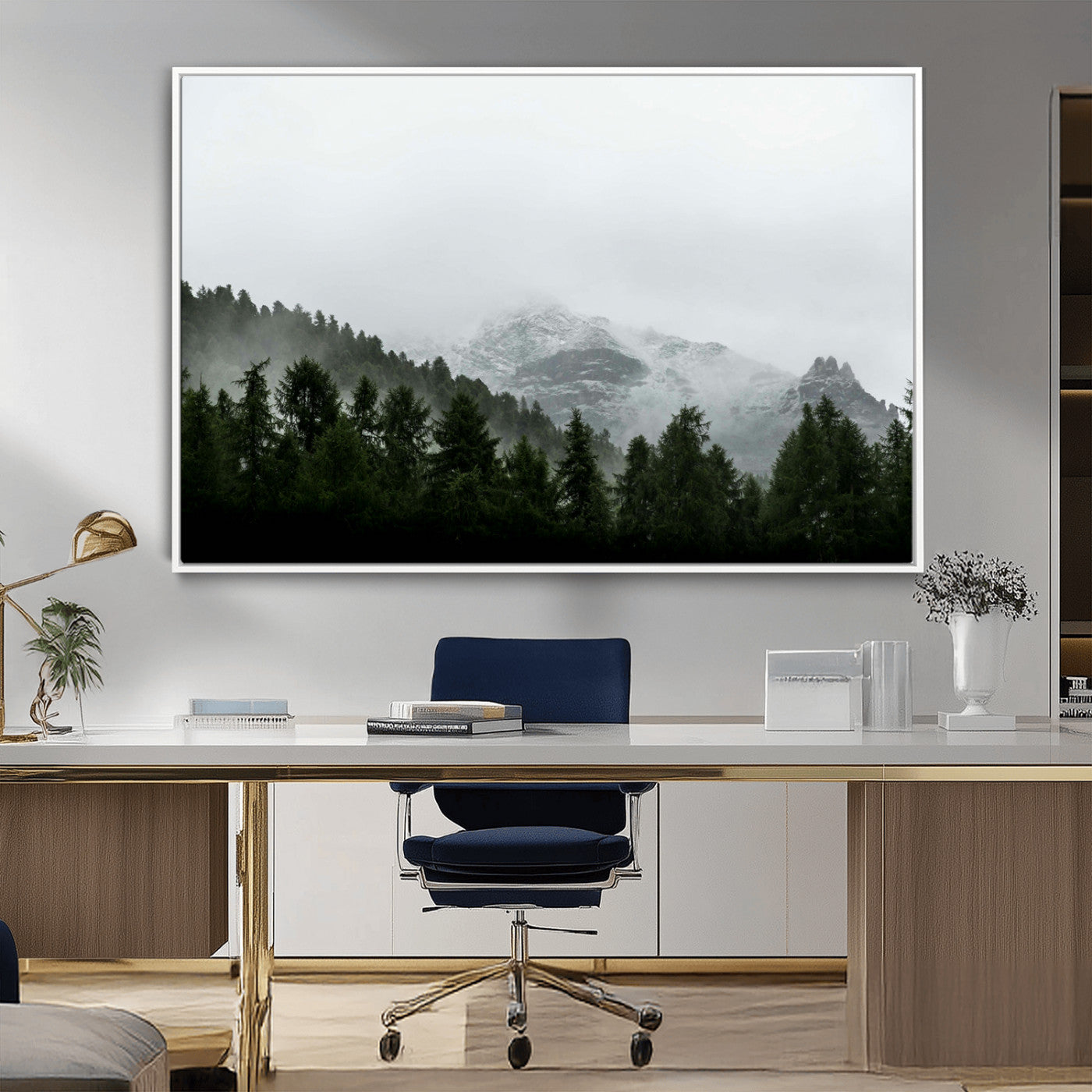 55968349-MGV-CV-36X24-Misty Mountains Wall Art Canvas Print, Framed Foggy Forest Art Picture Print, Snowy Peaks Perfect Moody Wilderness Decor Artwork