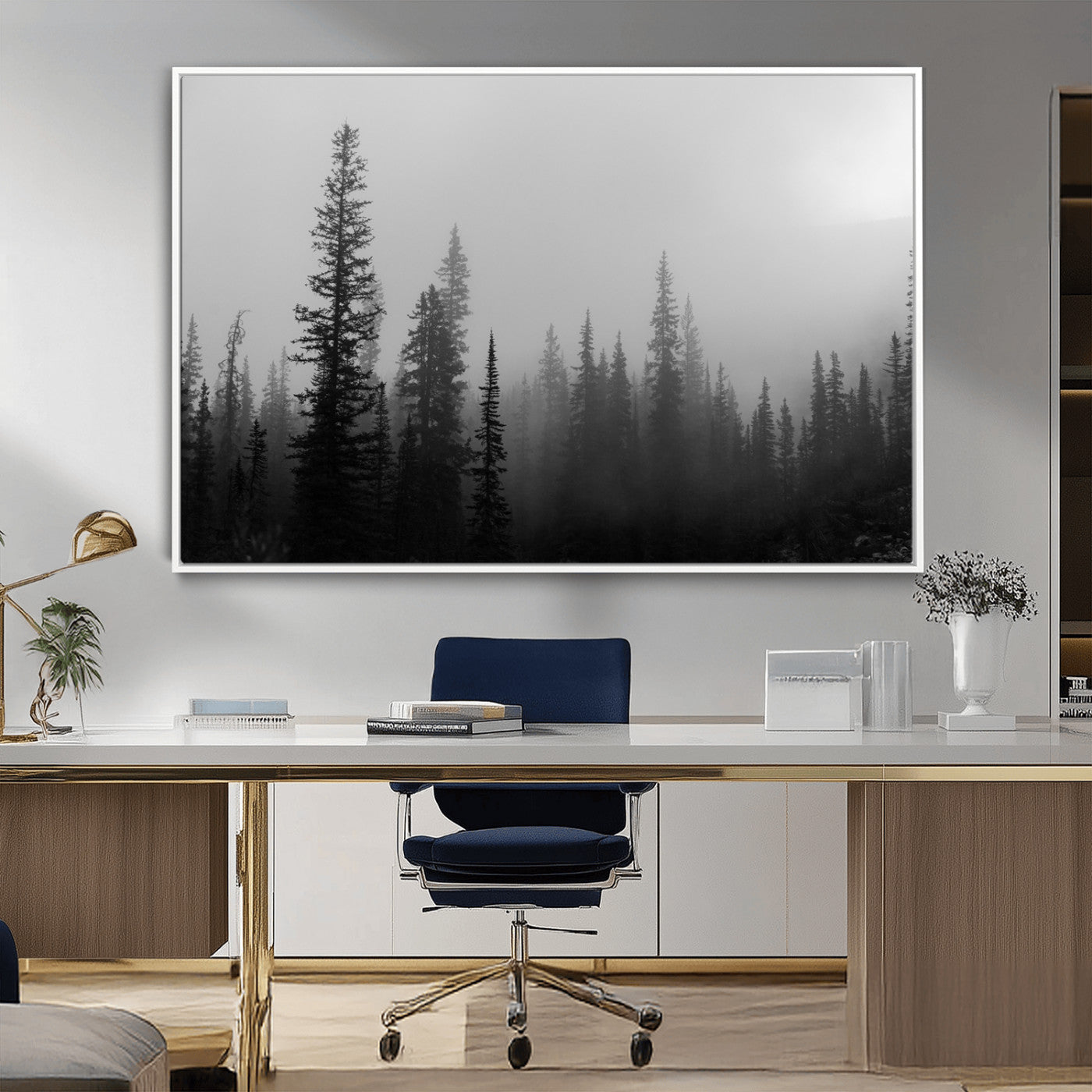 73138900-MGV-CV-36X24-Misty Pines Wall Art Canvas Print, Framed Woodland Photography Art Picture Print, Minimalist Decor Perfect Modern Rustic Decor