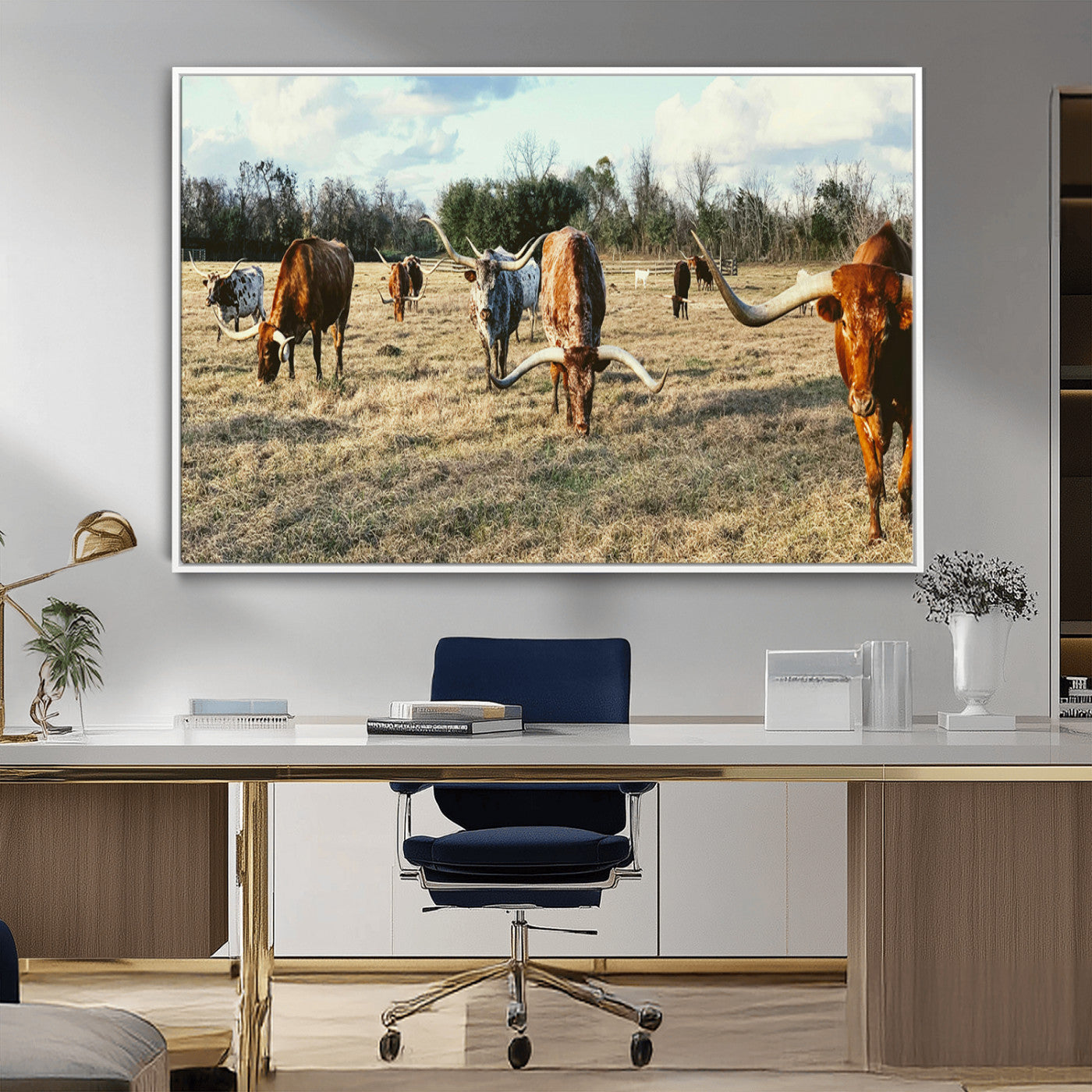 39144651-MGV-CV-36X24-Texas Longhorns Wall Art Canvas Print, Framed Rustic Farm Scene Art Picture Print, Western Cattle Perfect Rustic Farmhouse Decor