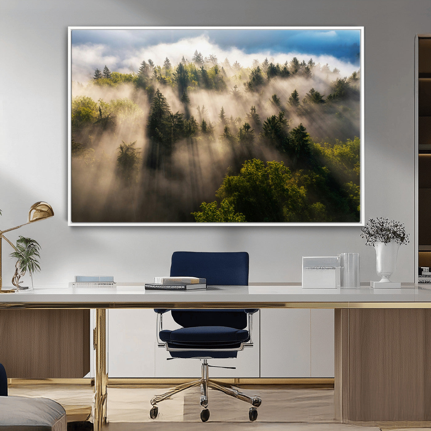 14785710-MGV-CV-36X24-Tranquil Forest Scene Wall Art Canvas Print, Framed Sunbeam Through Trees Art Picture Print, Moody Green Wall Art Perfect