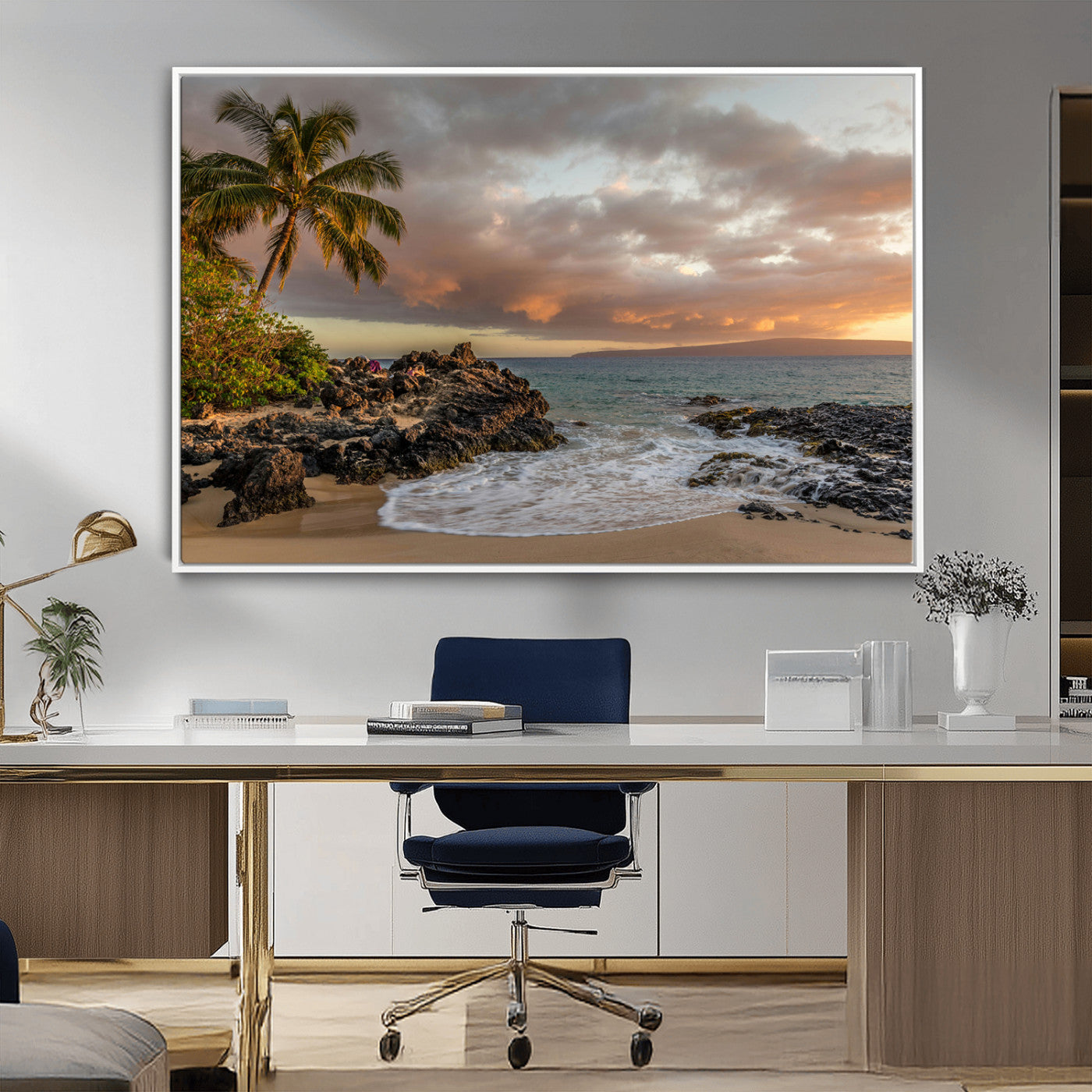 55108220-MGV-CV-36X24-Tropical Beach Wall Art Canvas Print, Framed Hawaiian Sunset Art Picture Print, Ocean Waves Perfect Coastal Tropical Decor Artwork