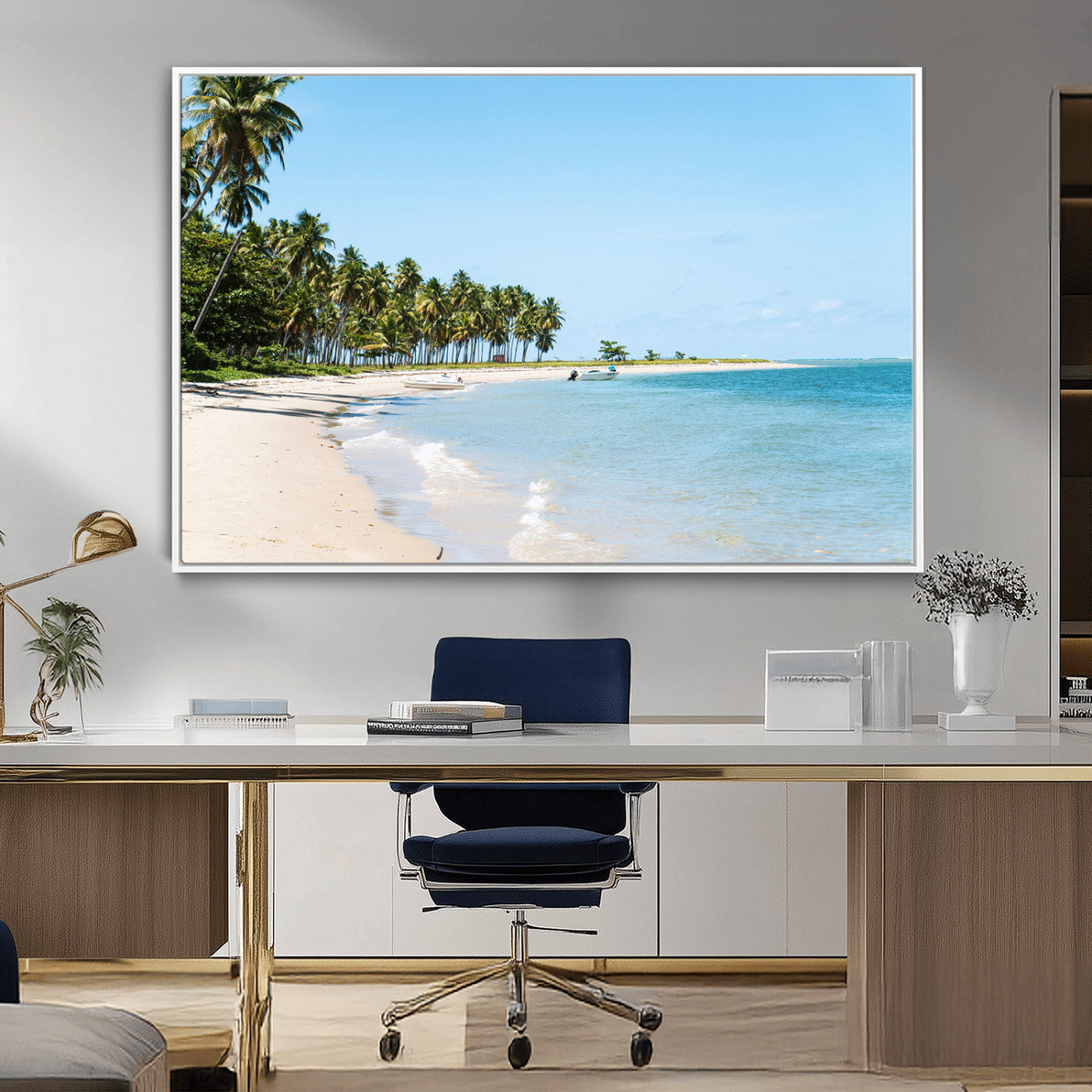 37858872-MGV-CV-36X24-Palm Tree Coast Wall Art Canvas Print, Framed Island Getaway Art Picture Print, Crystal Blue Water Perfect Tropical Coastal Decor