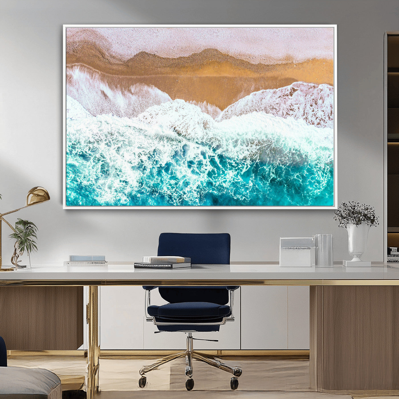 26870666-MGV-CV-36X24-Aerial Beach Wall Art Canvas Print, Framed Ocean Waves Art Picture Print, Coastal Landscape Perfect Coastal Minimalist Decor