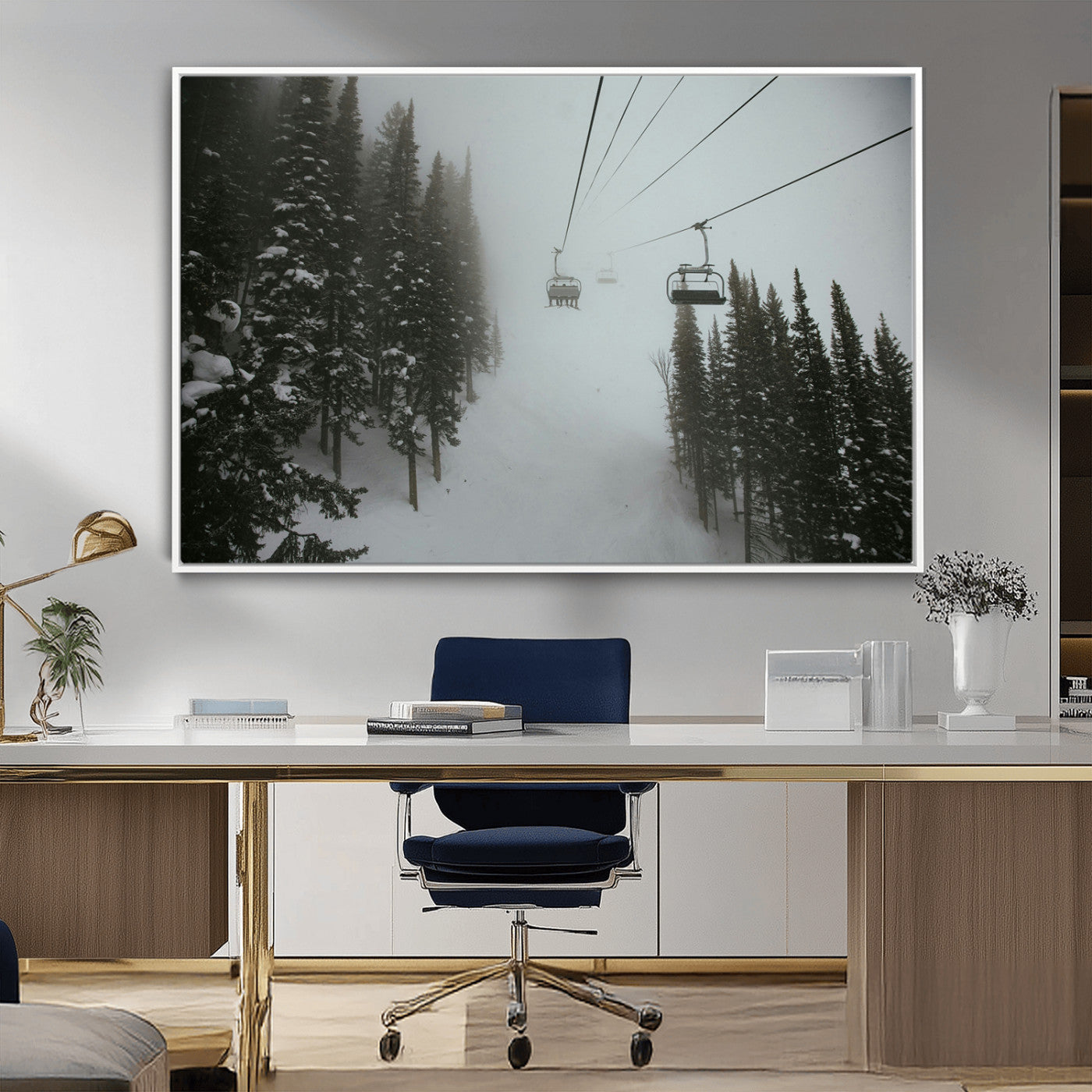 87018452-MGV-CV-36X24-Ski Lift Wall Art Canvas Print, Framed Snowy Pines Art Picture Print, Misty Landscape Perfect Winter Serenity Decor Artwork