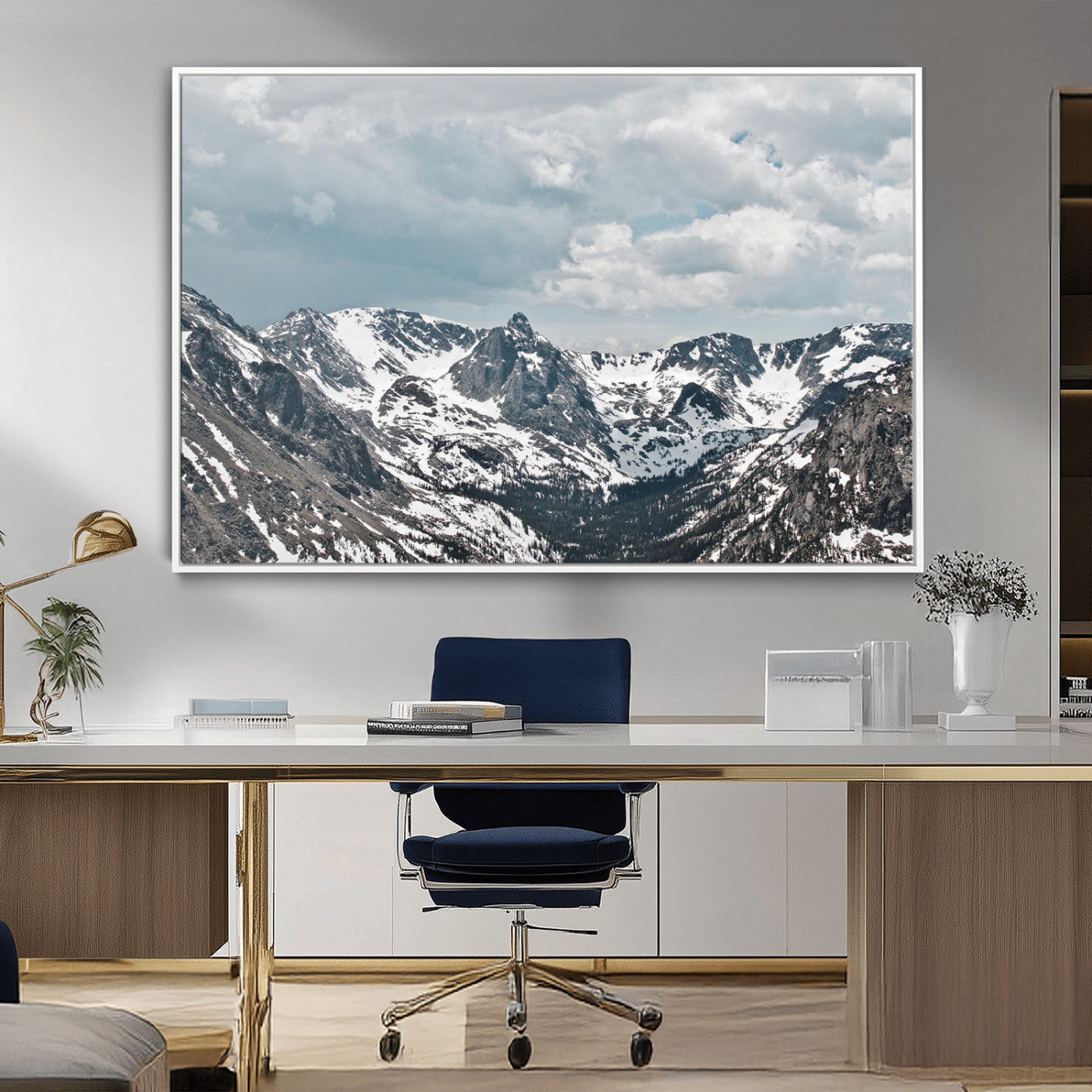 94074619-MGV-CV-36X24-Snowy Peaks Wall Art Canvas Print, Framed Alpine Wilderness Art Picture Print, Mountain Escape Perfect Winter Serenity Decor