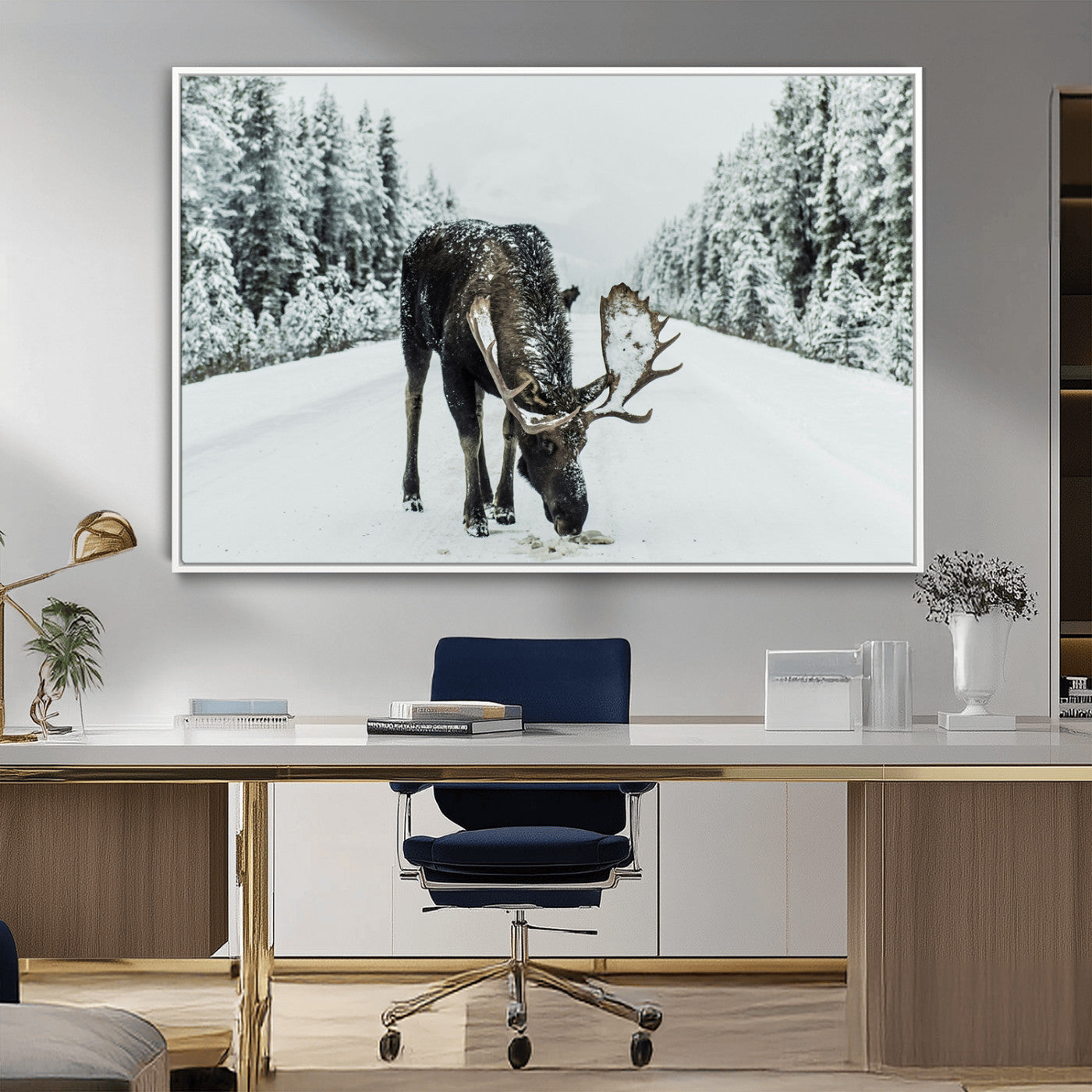 13316292-MGV-CV-36X24-Moose in Snow Wall Art Canvas Print, Framed Winter Wildlife Art Picture Print, Snowy Forest Scene Perfect Rustic Lodge Decor