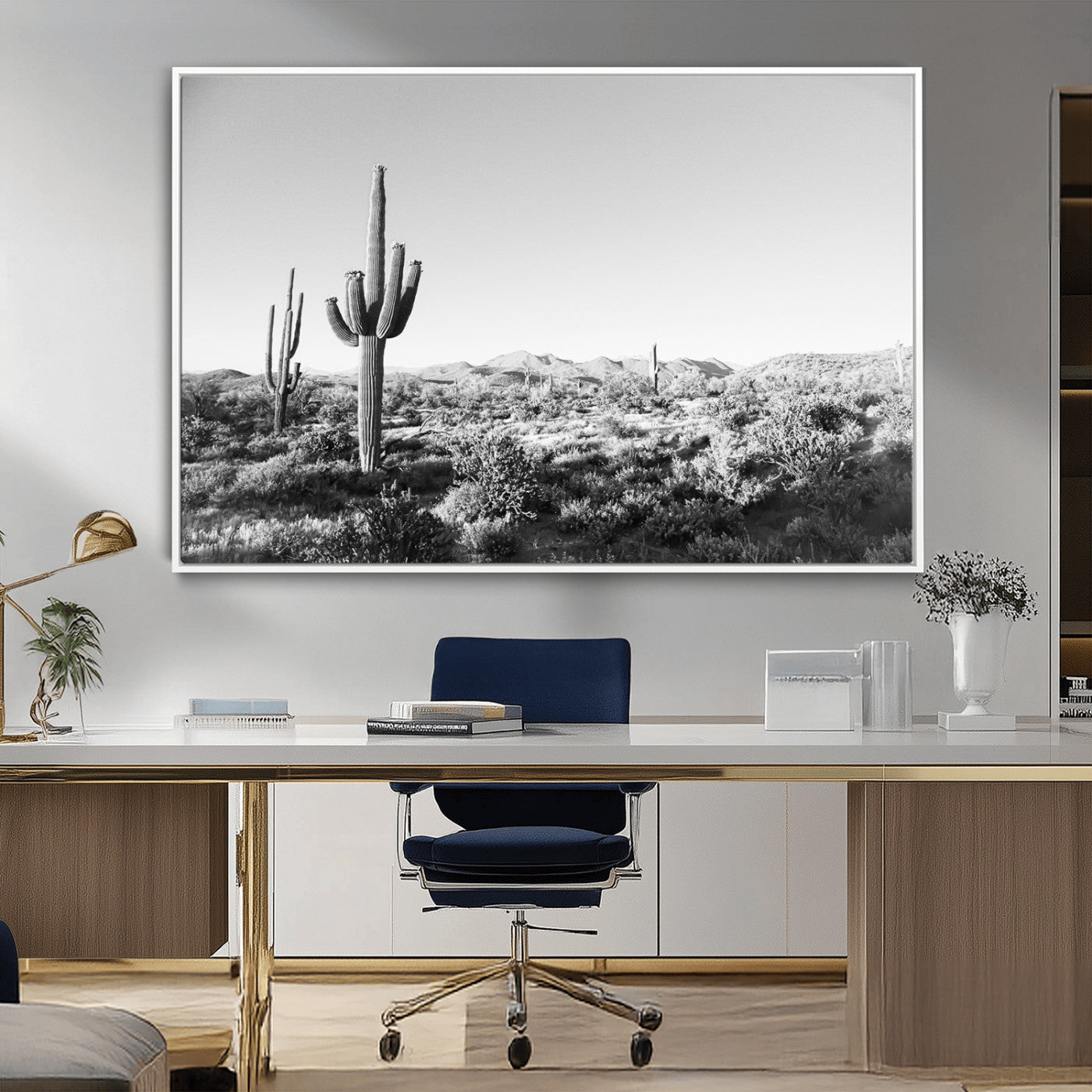 85205054-MGV-CV-36X24-Saguaro Cactus Wall Art Canvas Print, Framed Monochrome Landscape Art Picture Print, Scenic Arizona View Perfect Minimalist