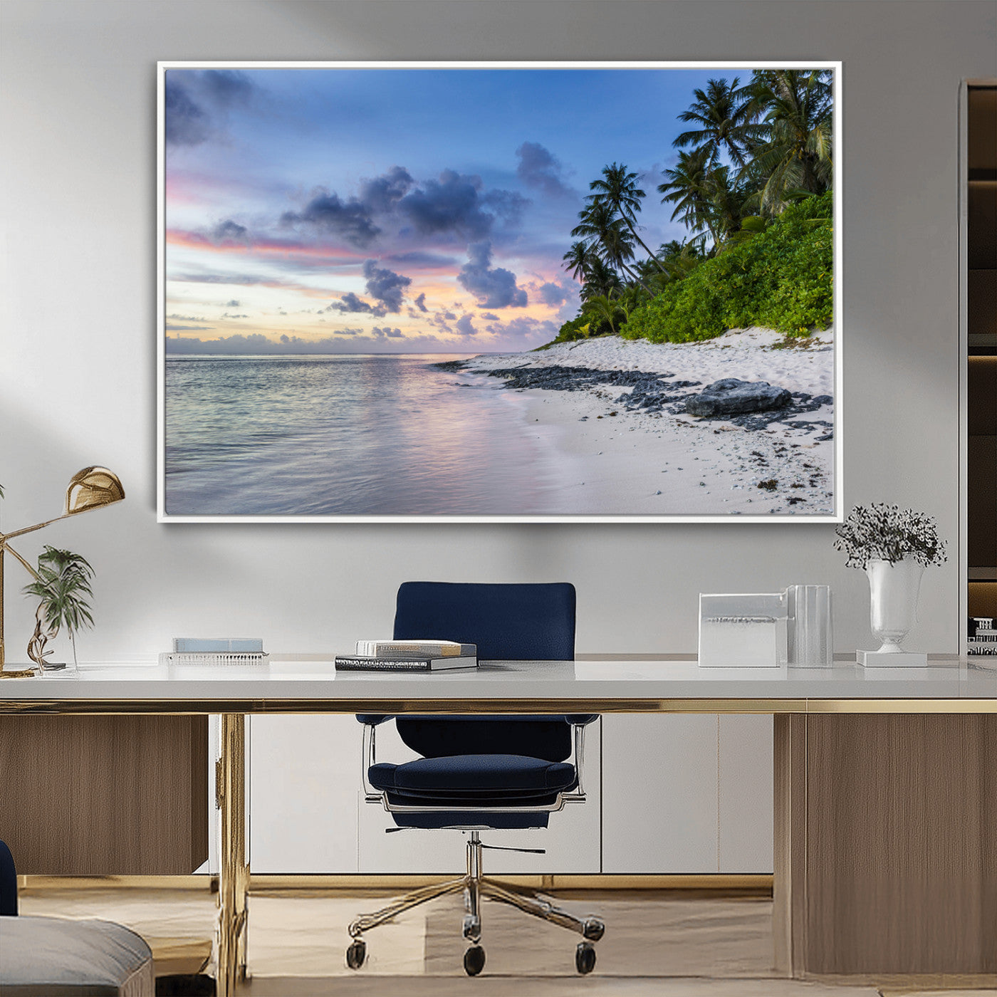 75045485-MGV-CV-36X24-Tropical Beach Wall Art Canvas Print, Framed Sunset Glow Art Picture Print, Palm Tree Coast Perfect Tropical Coastal Decor Artwork