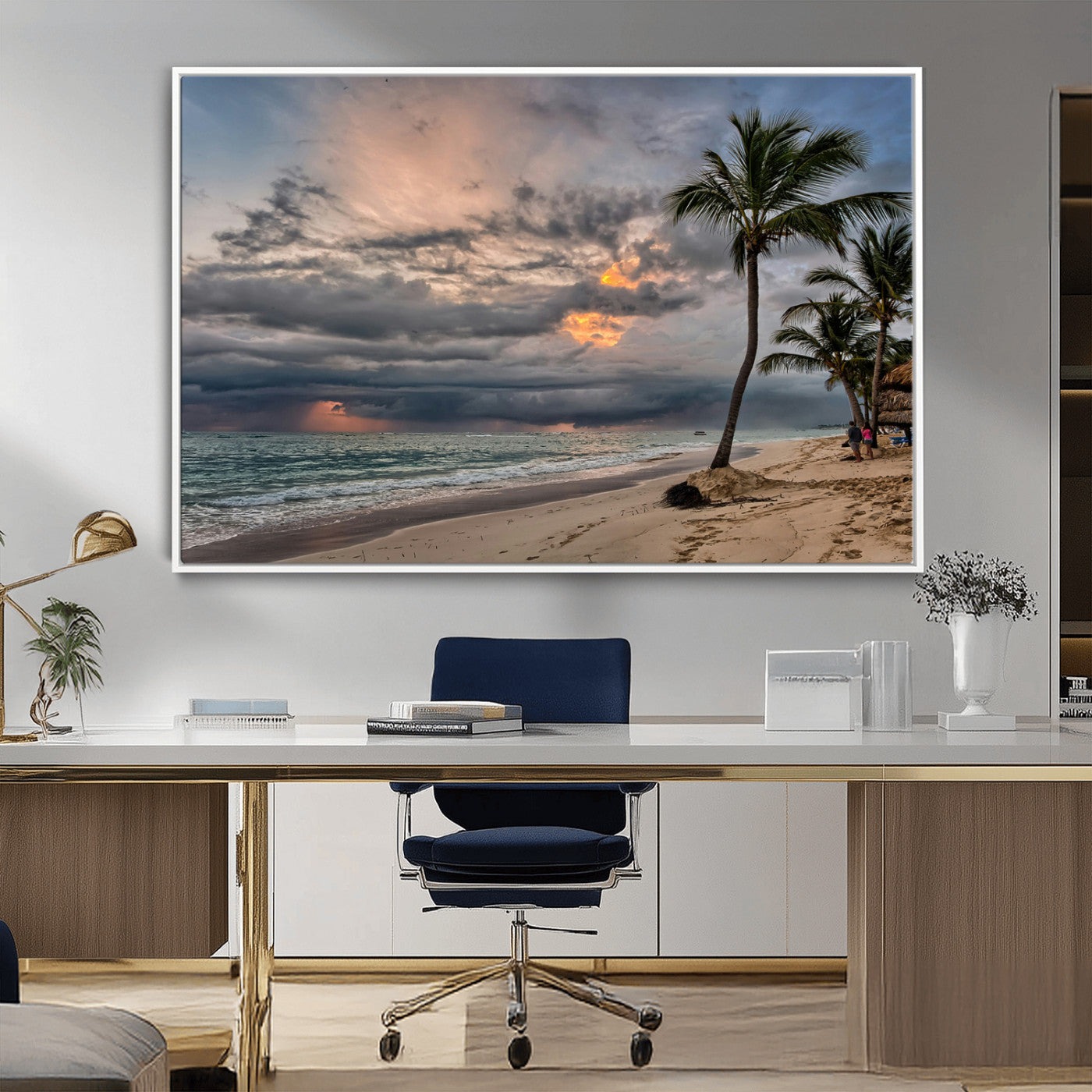 62574547-MGV-CV-36X24-Tropical Storm Wall Art Canvas Print, Framed Moody Beach Art Picture Print, Dramatic Sky Perfect Tropical Coastal Decor Artwork
