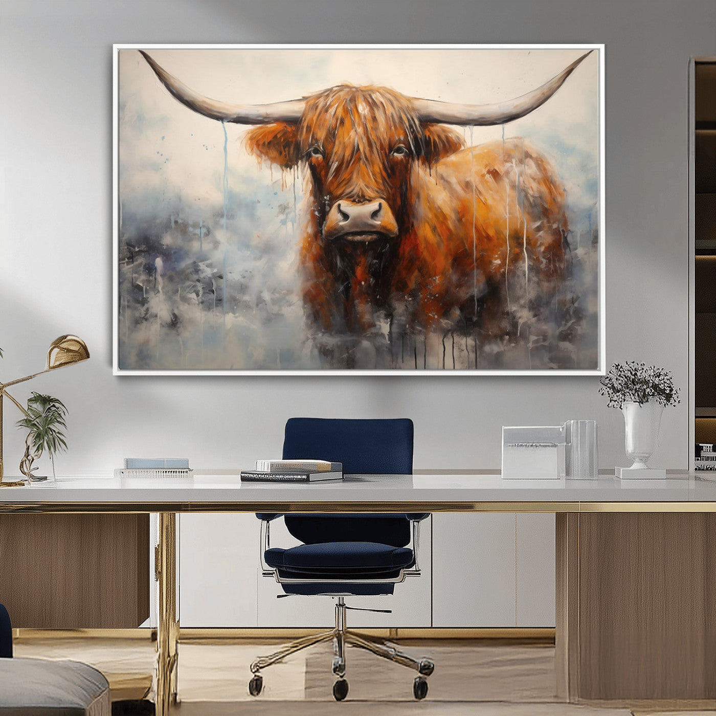 X61001-MGV-CV-36X24-Scottish Highland Wall Art Canvas Print, Framed Longhorn Art Picture Print, Western Cow Perfect Farmhouse Decor Artwork