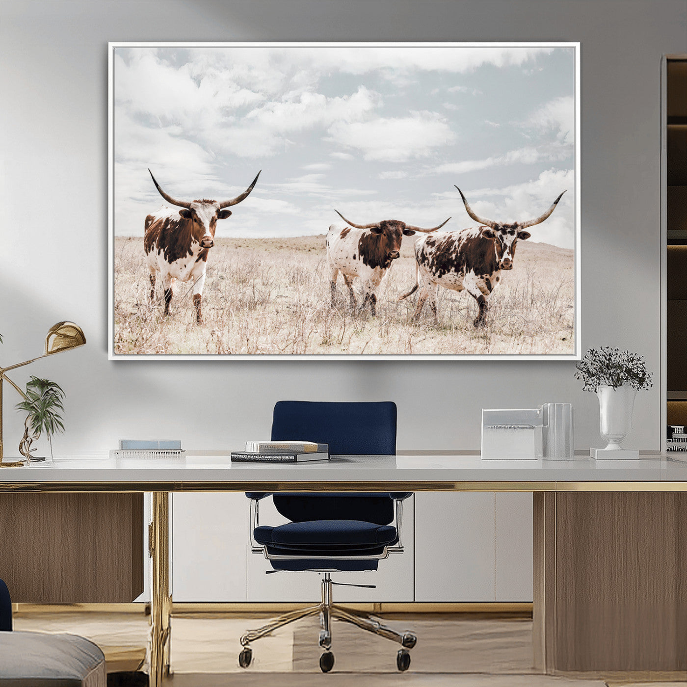 65621083-MGV-CV-36X24-Texas Longhorn Wall Art – Rustic Western Cattle Canvas Print, Southwestern Ranch Photography Decor for Living Room, Office,