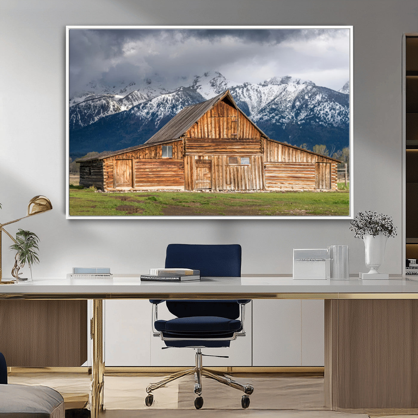 15173627-MGV-CV-36X24-Barn Wall Art – Rustic Wooden Cabin Canvas Print with Snowy Mountain Landscape, Western Farmhouse Country Decor for Living Room,
