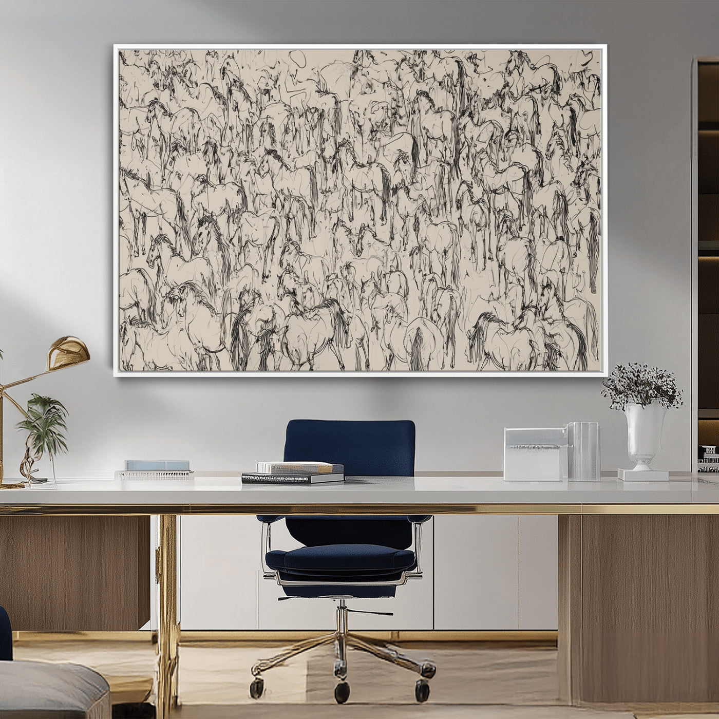 12358908-MGV-CV-36X24-Horse Herd Sketch Wall Art – Abstract Wild Horses Line Drawing Canvas Print, Rustic Western Style Equestrian Decor for Living