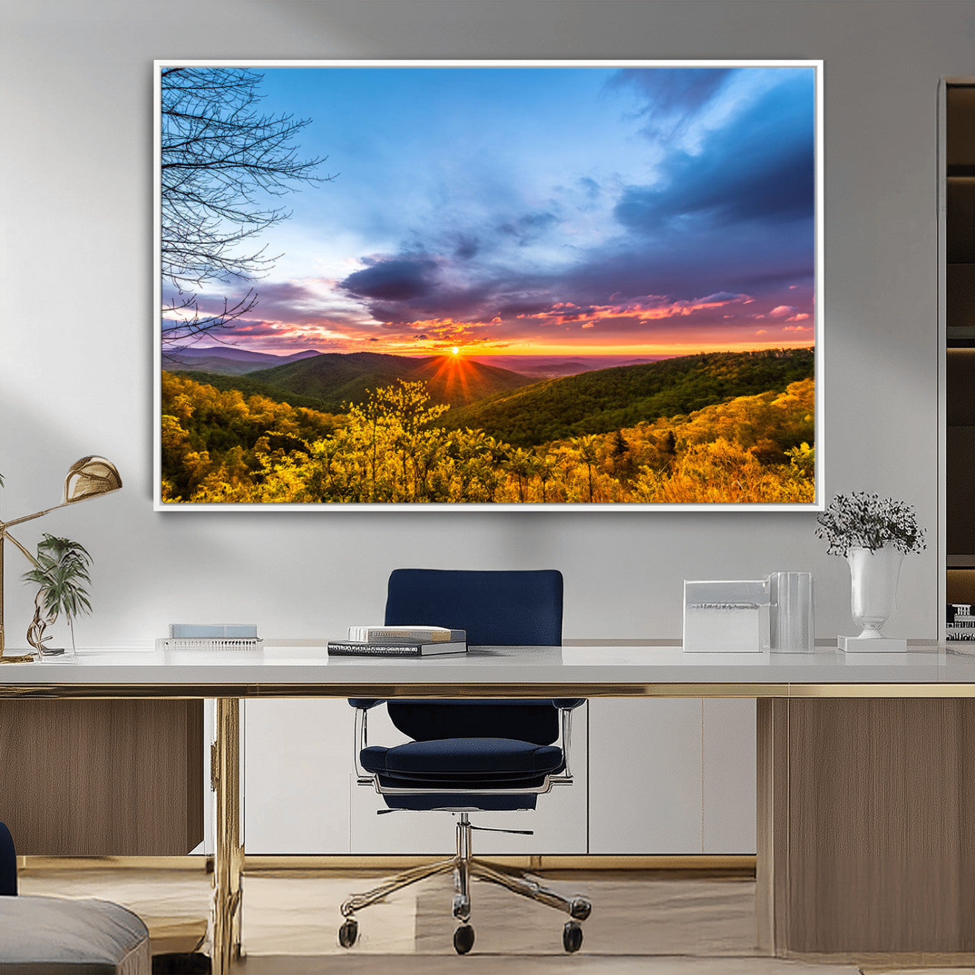 25786346-MGV-CV-36X24-Sunset Over Mountains Wall Art – Nature Landscape Canvas Print, Golden Hour Forest Photography, Scenic Sunrise Artwork for Living