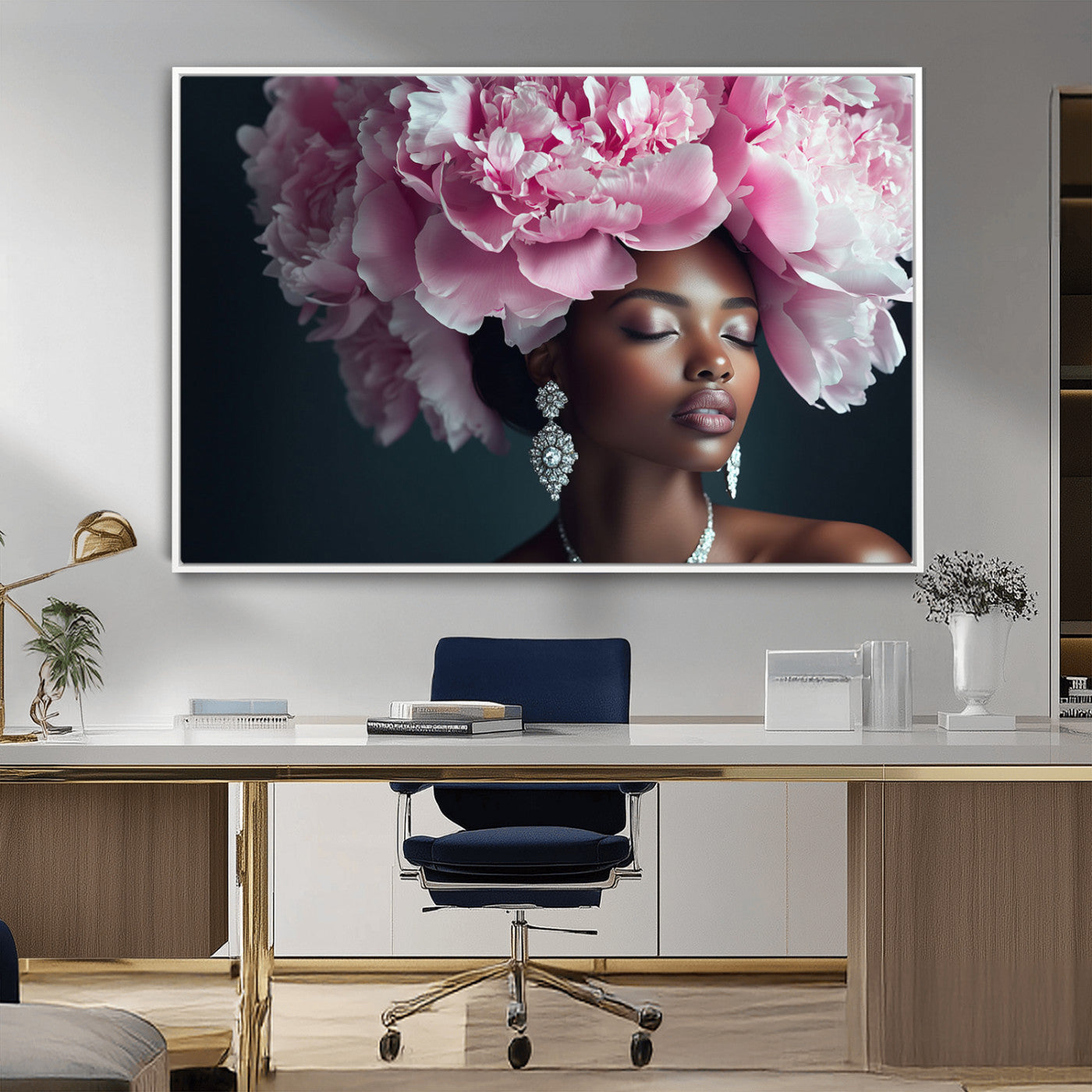 35482880-MGV-CV-36X24-Floral Portrait Wall Art – Elegant Woman with Pink Peony Headpiece Canvas Print, Luxury Fashion Inspired Artwork, Modern Glam