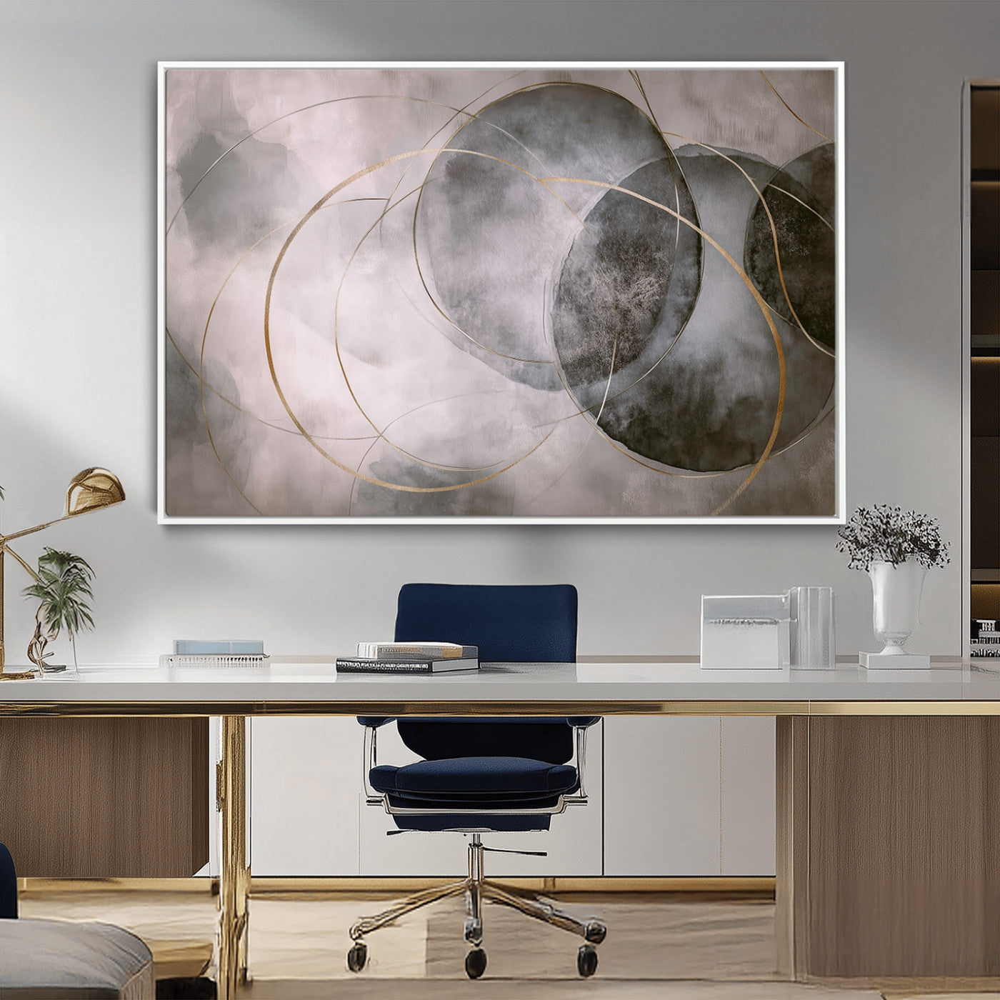 20066876-MGV-CV-36X24-Neutral Abstract Circle Wall Art – Modern Gray Beige Gold Canvas Print, Minimalist Geometric Painting for Bedroom, Living Room,