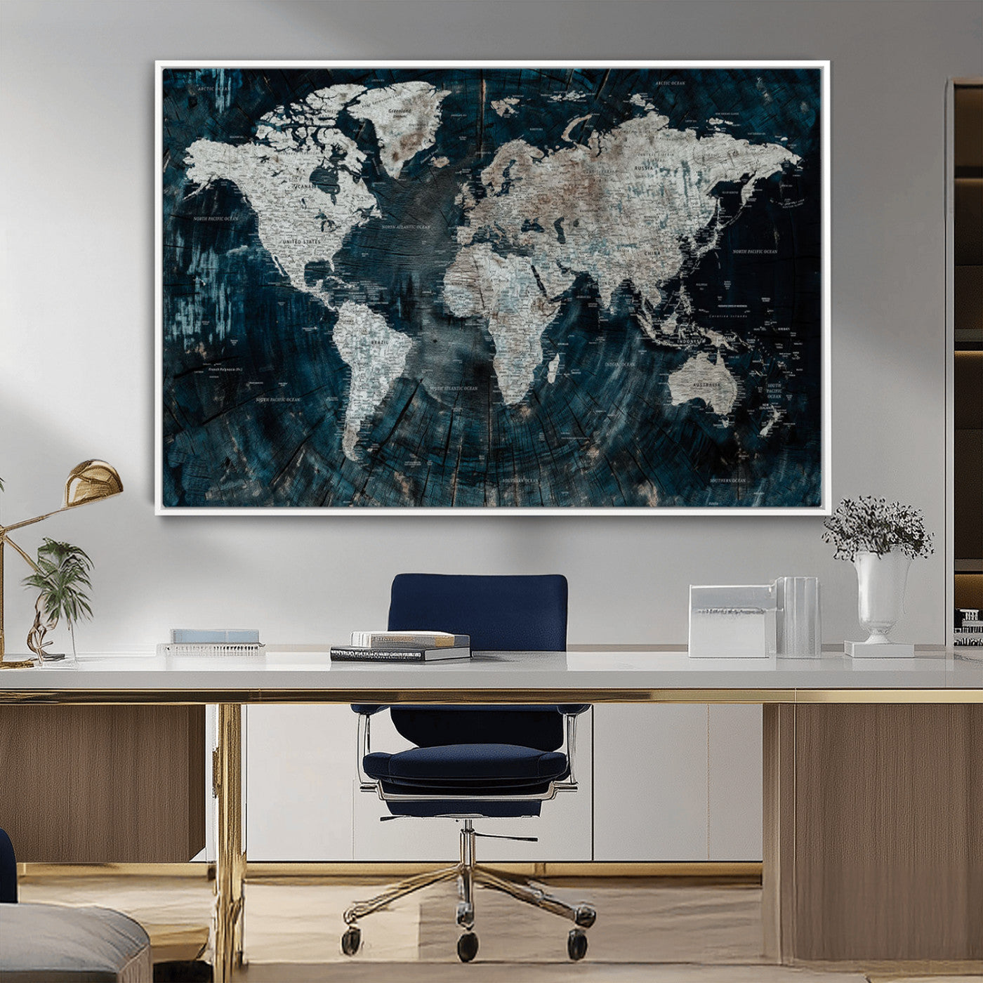 34425609-MGV-CV-36X24-World Map Wall Art – Rustic Navy and Grey Atlas Canvas Print, Distressed Explorer Map Artwork, Industrial Style Decor for Office,