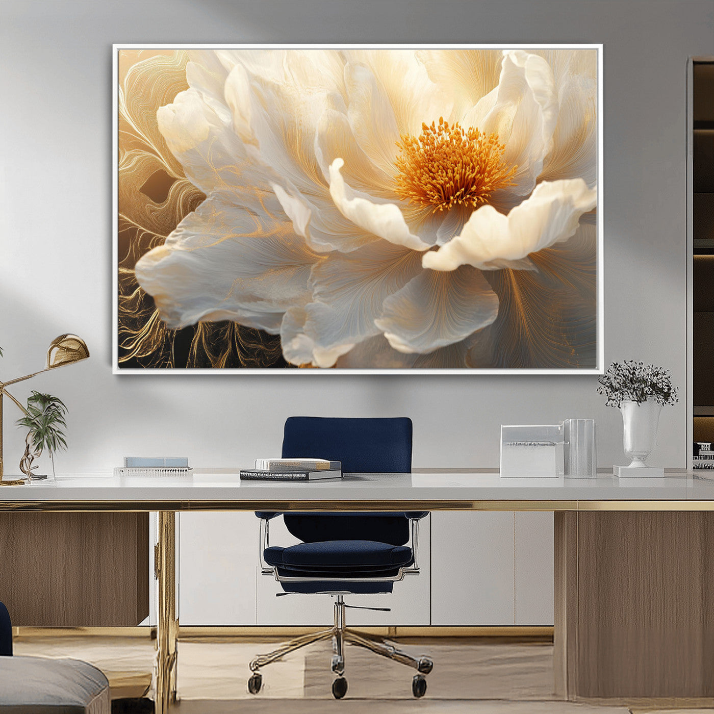29539087-MGV-CV-36X24-Floral Wall Art – Elegant White and Gold Bloom Canvas Print, Romantic Modern Flower Artwork for Bedroom, Living Room, or Office