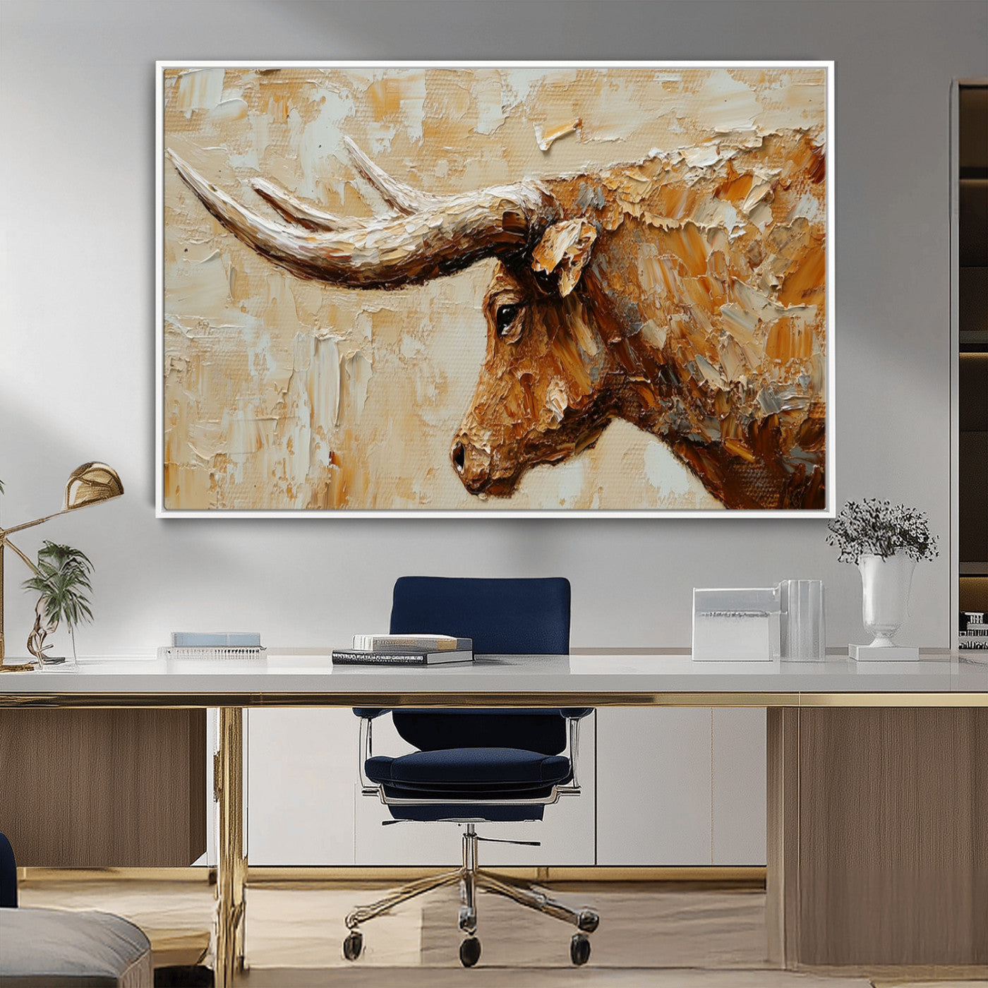 69611428-MGV-CV-36X24-Longhorn Bull Wall Art – Rustic Western Canvas Print, Textured Farmhouse Cattle Painting for Living Room, Office, or Ranch House