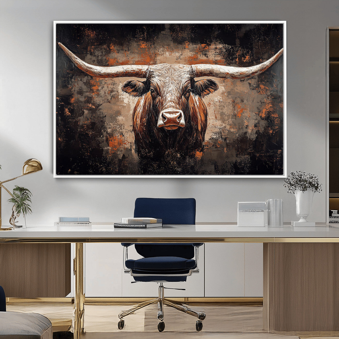 24779067-MGV-FC-36X24_White-Longhorn Bull Wall Art – Western Rustic Canvas Print, Bold Cowboy Cattle Painting for Ranch House, Farmhouse, Office, or Living