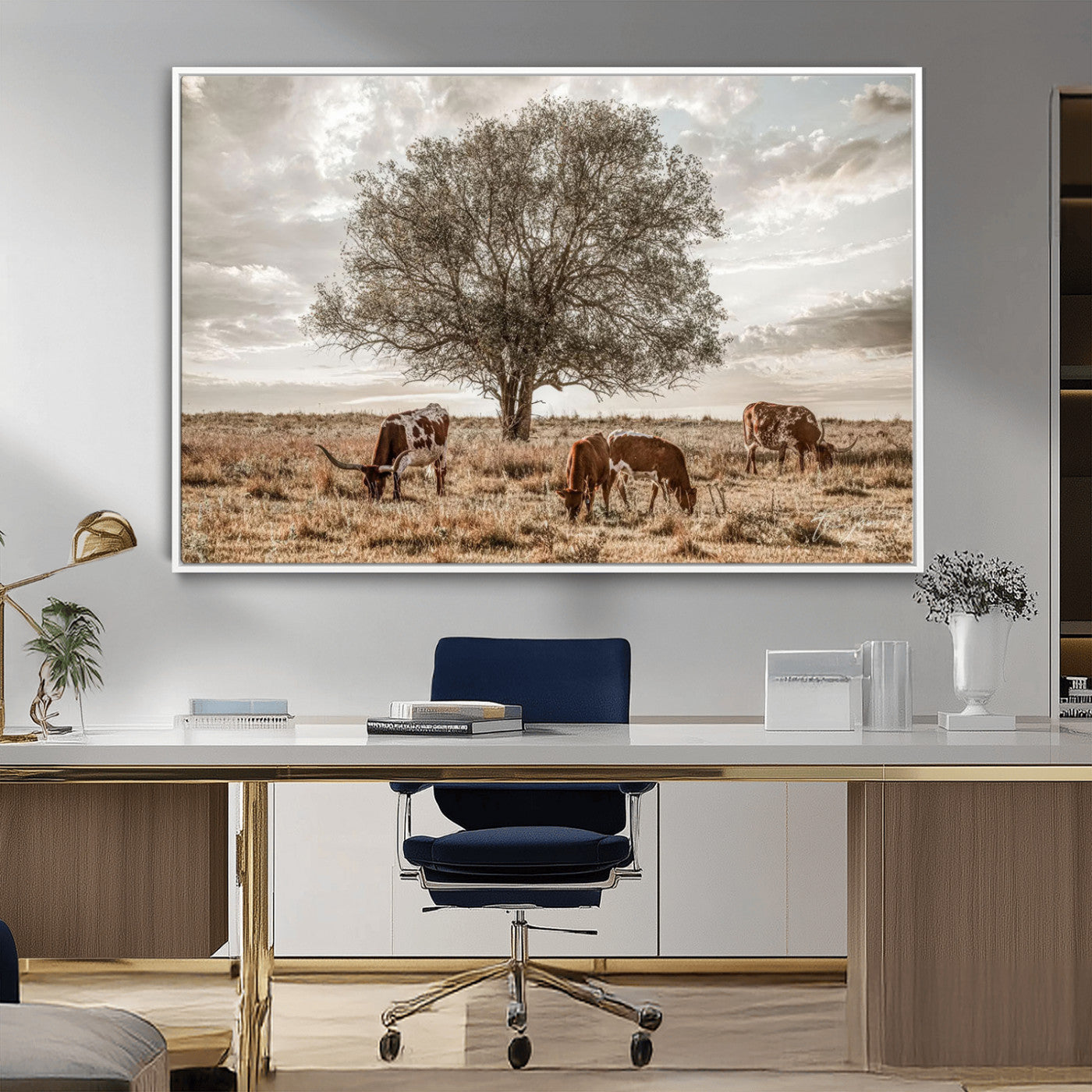 87590224-MGV-CV-36X24-Longhorn Cattle Wall Art – Rustic Western Landscape Canvas Print, Texas Farmhouse Prairie Scene for Living Room, Office, or Ranch