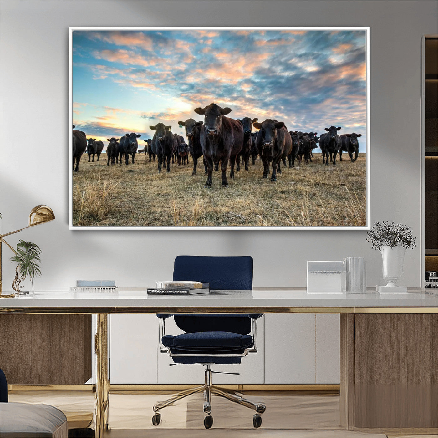 13867292-MGV-CV-36X24-Black Cattle Wall Art – Rustic Ranch Herd Canvas Print, Western Farmhouse Country Landscape Decor for Living Room, Office, or
