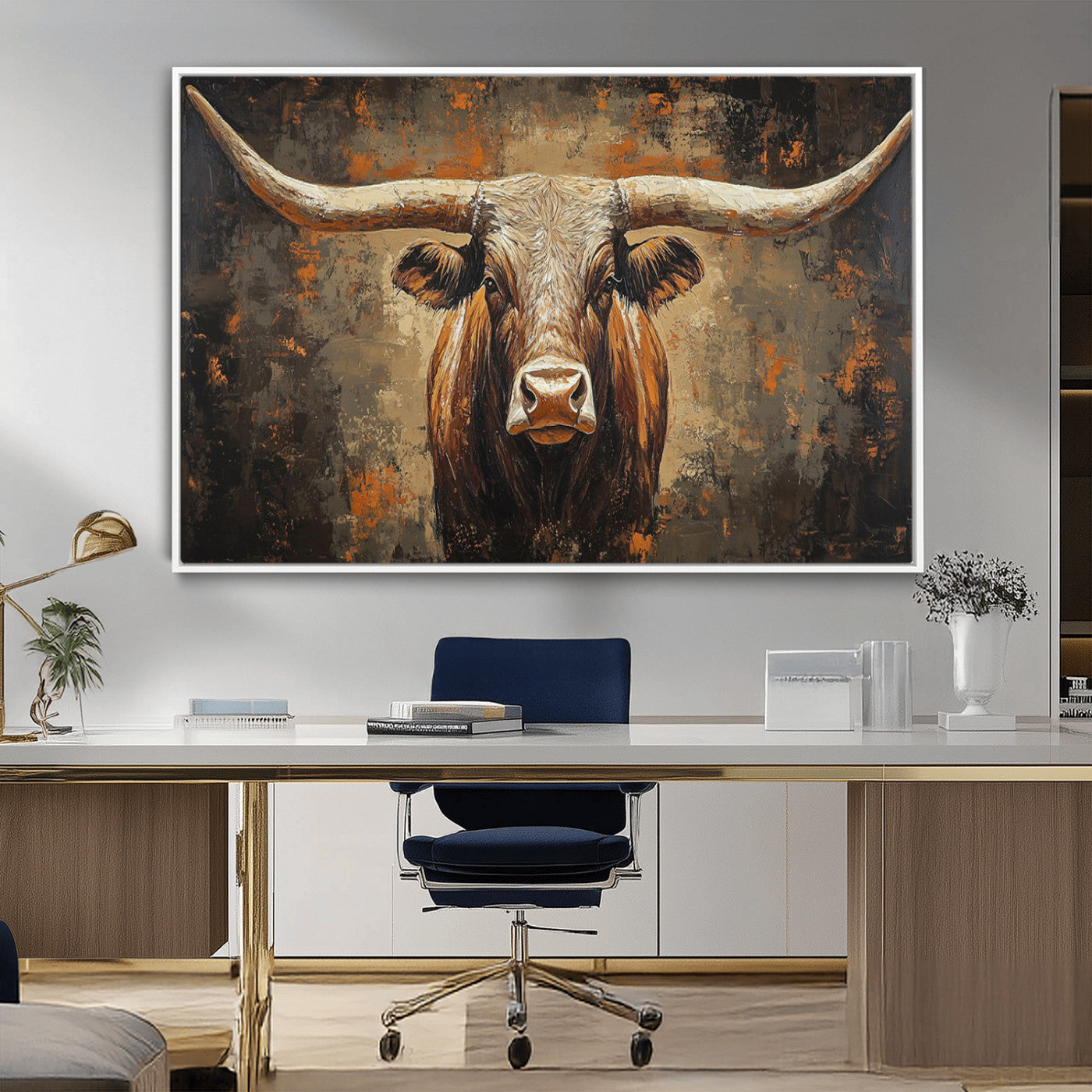 19204445-MGV-CV-36X24-Texas Longhorn Bull Wall Art – Rustic Western Canvas Print, Bold Cowboy Cattle Painting for Ranch House, Farmhouse, Office, or