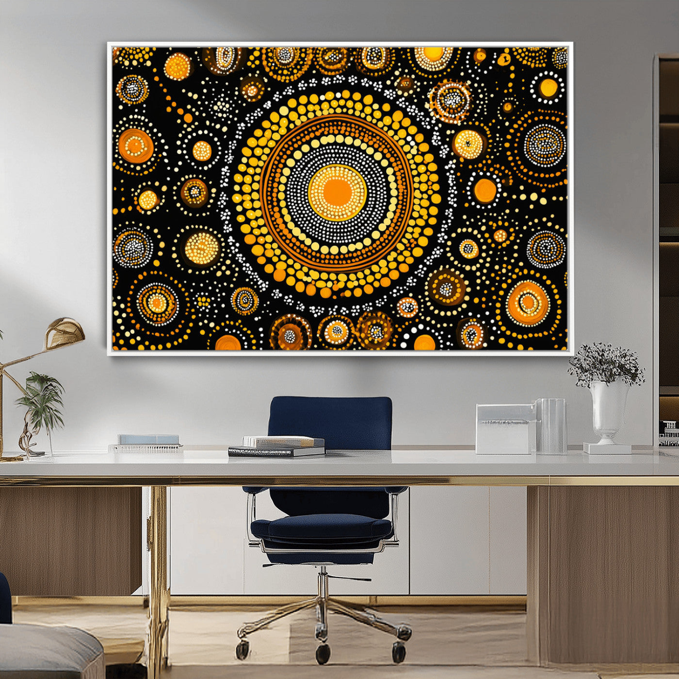 45478523-MGV-CV-36X24-Abstract Circle Wall Art – Bold Black and Gold Dot Painting Canvas Print, Modern Geometric Mandala Style Decor for Living Room or