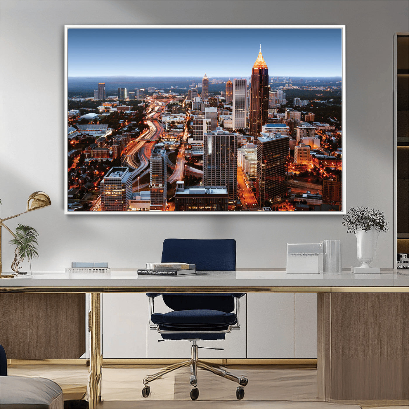 25096967-MGV-CV-36X24-Atlanta Skyline Wall Art – Vibrant Cityscape Canvas Print, Modern Night Lights Urban Decor for Office, Living Room, or Apartment