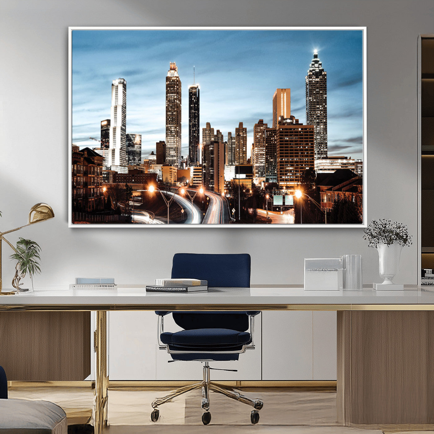 23859158-MGV-FC-36X24_White-Atlanta Skyline Wall Art – Modern Cityscape Canvas Print with Night Lights and Traffic Trails, Urban Decor for Office, Apartment,
