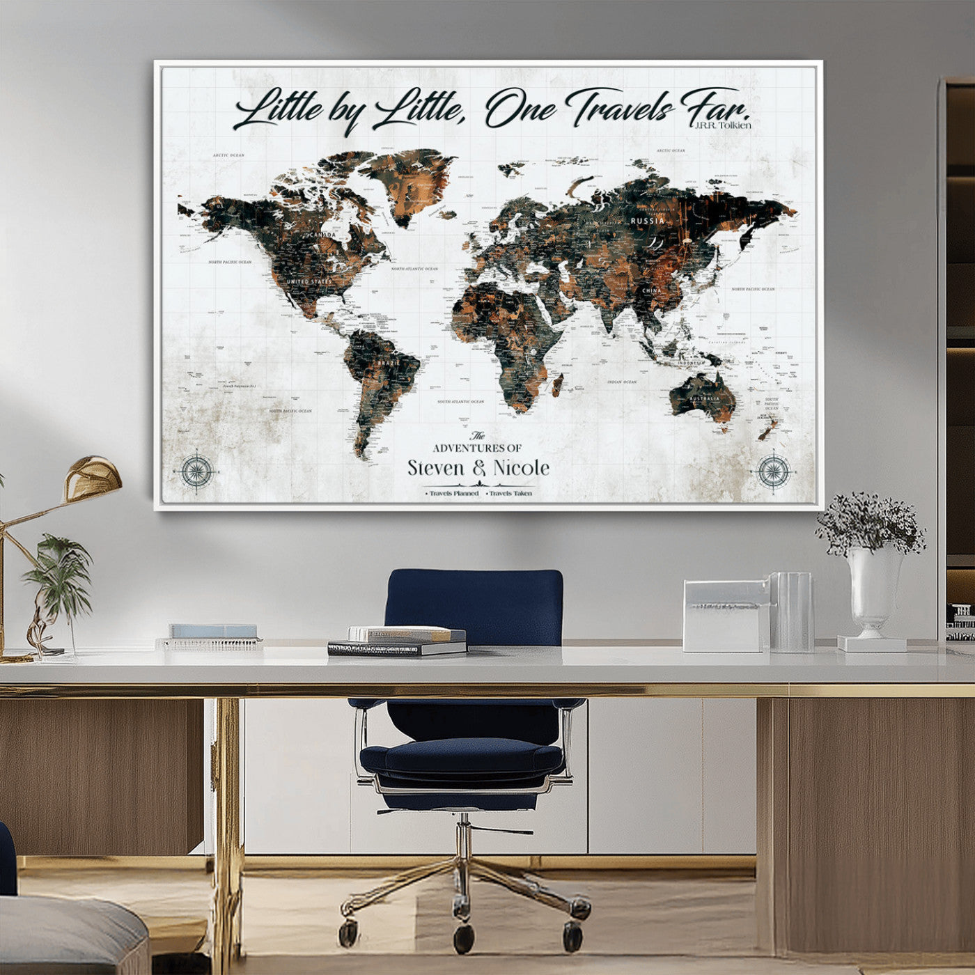 88337180-MGV-CV-36X24-Little by Little One Travels Far Tolkien Quote World Map Rustic Black Brown Adventure Wall Art Canvas Print for Home Office Living