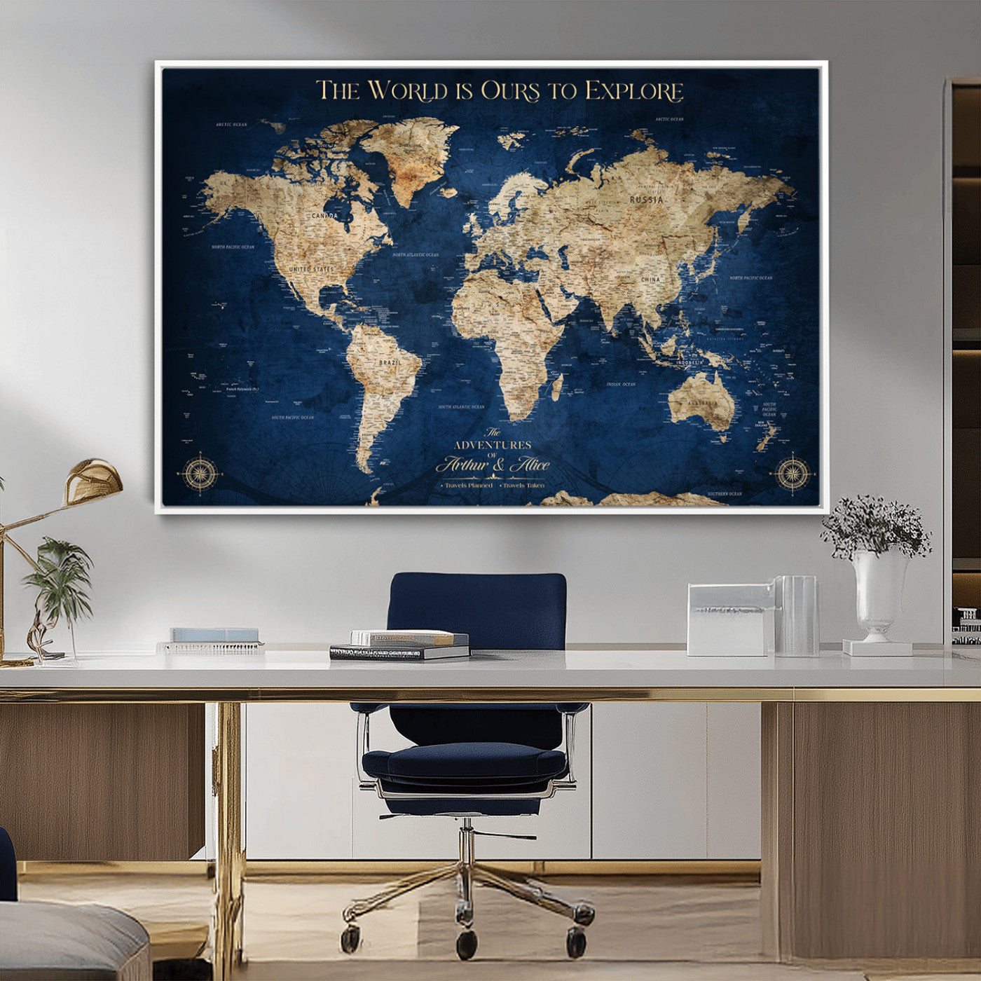 54782997-MGV-CV-36X24-The World is Ours to Explore Wall Art – Blue World Map Canvas Print, Adventure Travel Decor for Home, Office or Living Room,