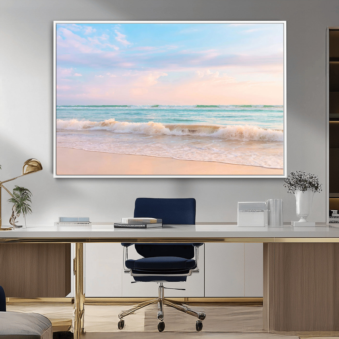 88024944-MGV-CV-36X24-Beach Landscape Wall Art – Coastal Ocean Canvas Print with Gentle Waves and Pastel Sky, Serene Seascape Photography for Living