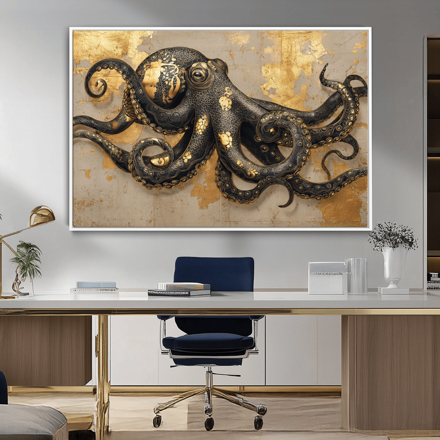 57944271-MGV-CV-36X24-Octopus Wall Art – Black and Gold Nautical Canvas Print, Modern Ocean Inspired Artwork with Elegant Detailing, Coastal Marine