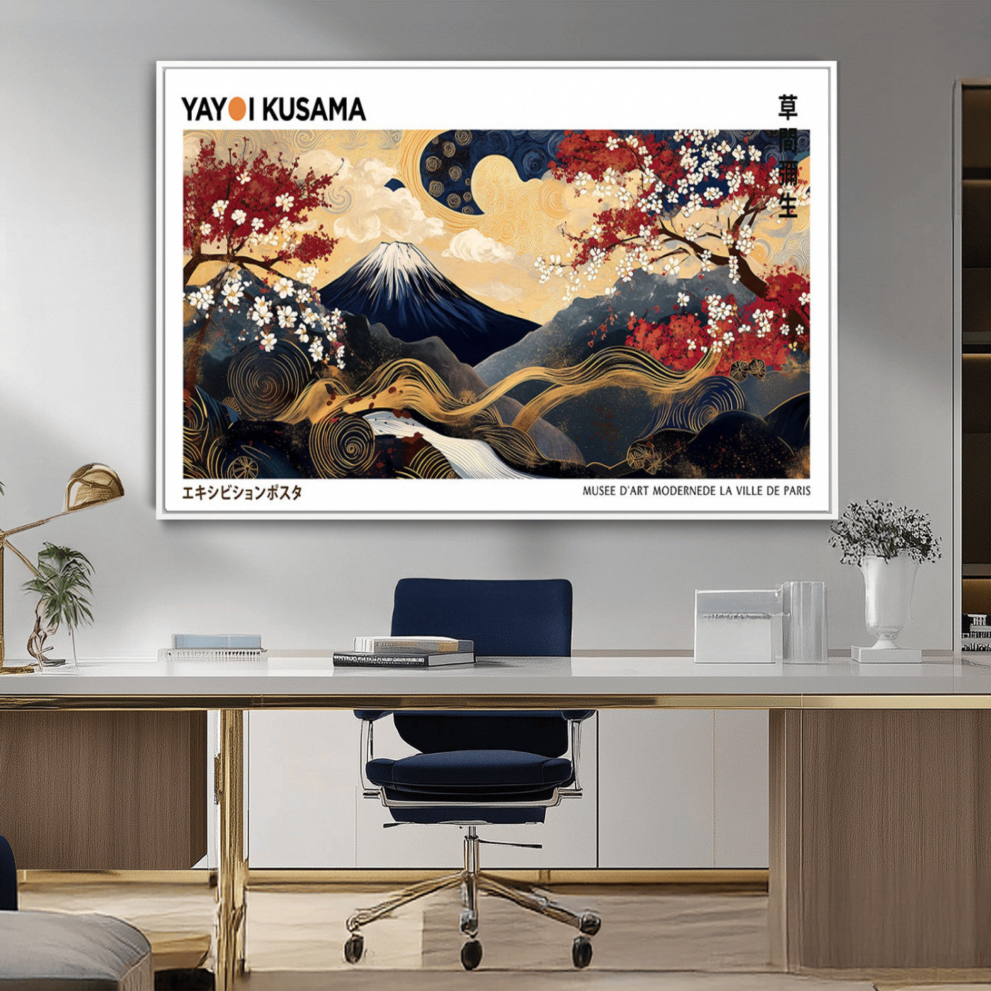 28945903-MGV-CV-36X24-Japanese Wall Art – Mount Fuji Canvas Print with Cherry Blossoms and Golden Wave Motifs, Traditional Asian Inspired Artwork for