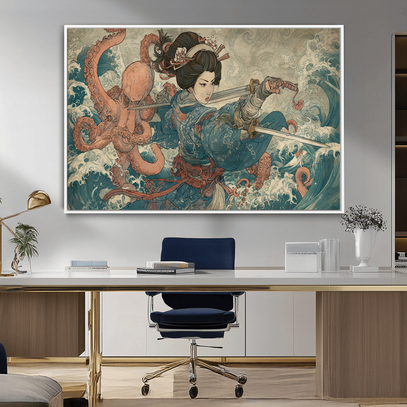 52037775-MGV-CV-36X24-Samurai Woman Wall Art – Japanese Ukiyo e Style Canvas Print with Katana, Ocean Waves and Octopus, Traditional Asian Inspired