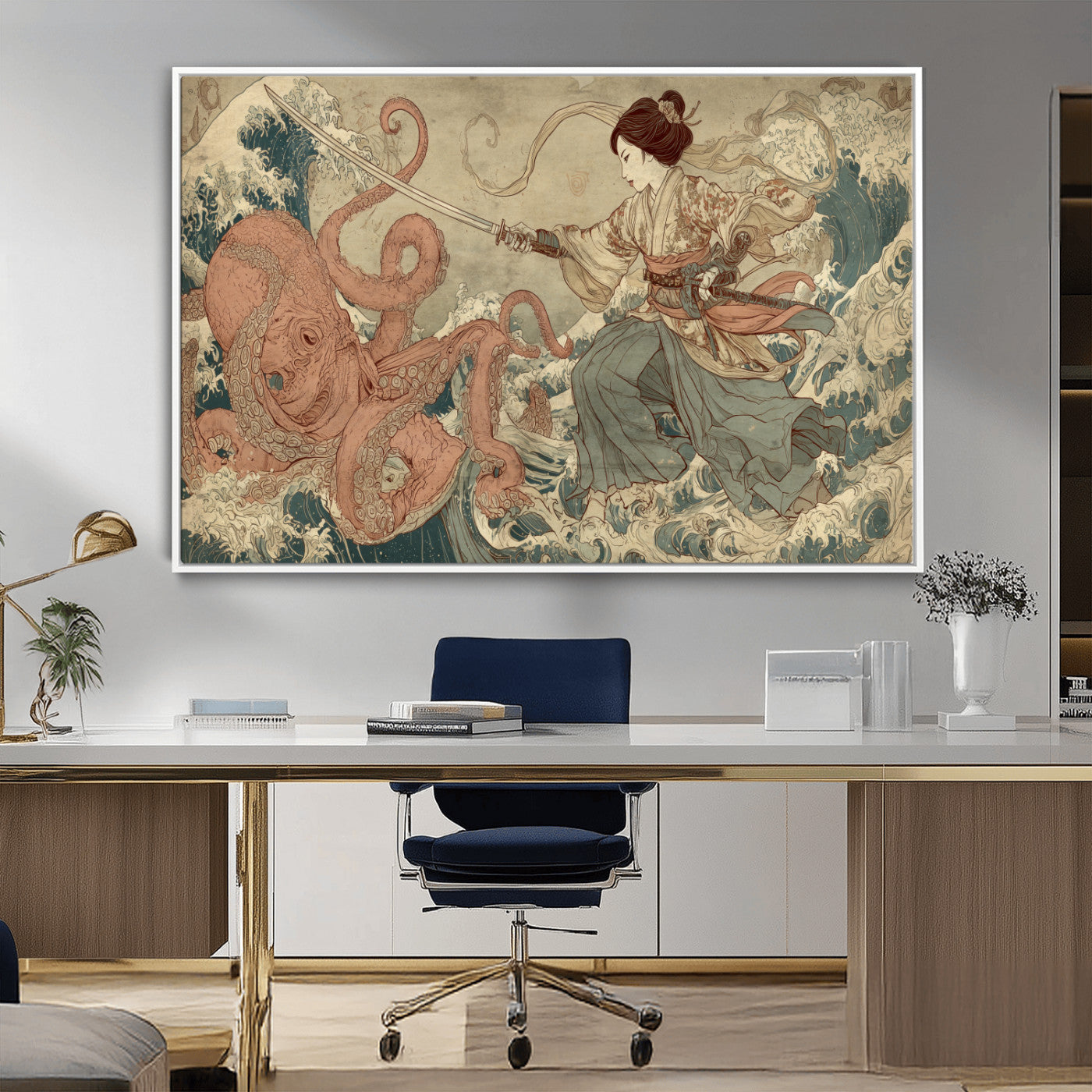 54879547-MGV-CV-36X24-Samurai Woman Wall Art – Japanese Ukiyo-e Style Canvas Print with Katana and Octopus, Traditional Asian Inspired Battle Artwork