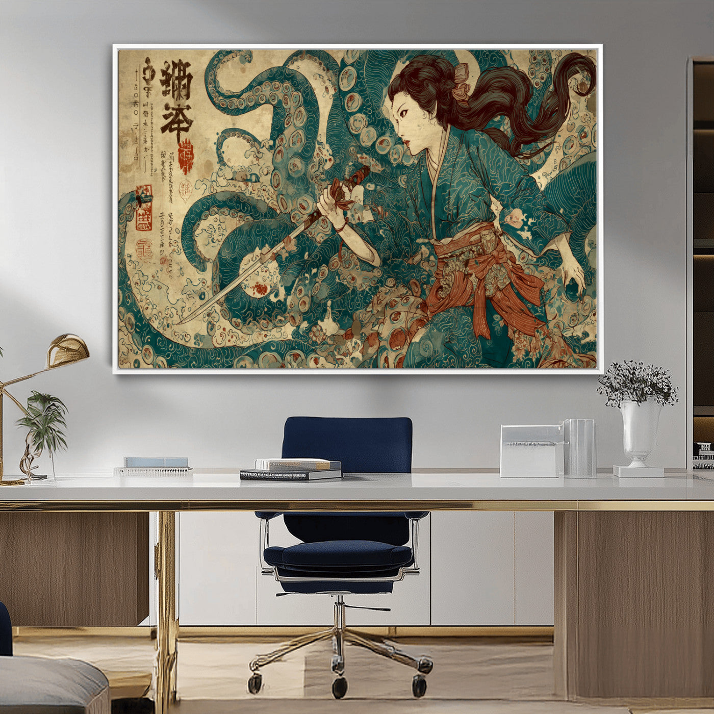 18575670-MGV-CV-36X24-Samurai Woman vs Octopus Wall Art – Japanese Ukiyo-e Ocean Battle Canvas Print, Traditional Warrior Artwork for Living Room,