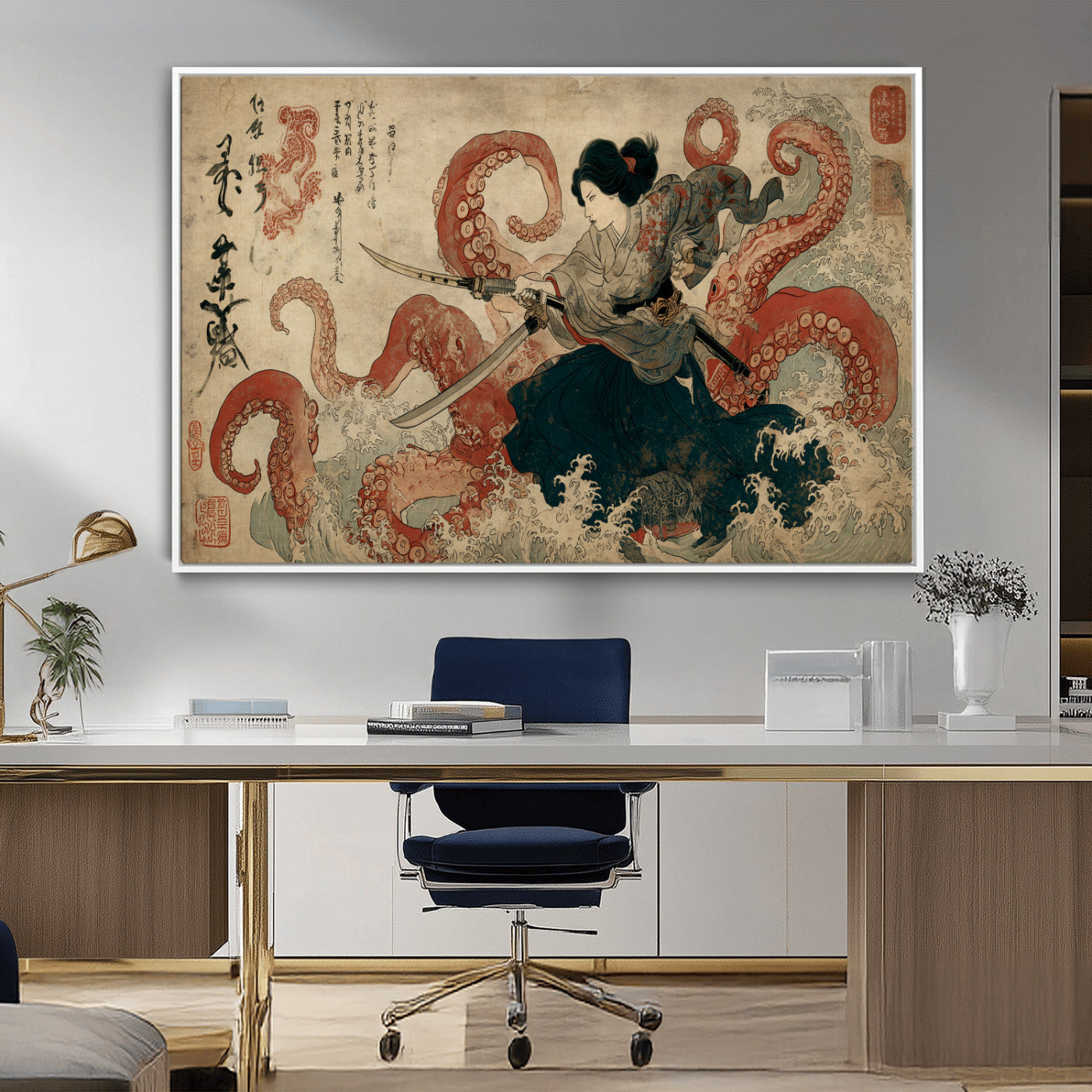50812504-MGV-CV-36X24-Tsukioka Yoshitoshi Samurai Wall Art Print, Japanese Katana Warrior Canvas Wall Art, Octopus Sea Monster Canvas Print,