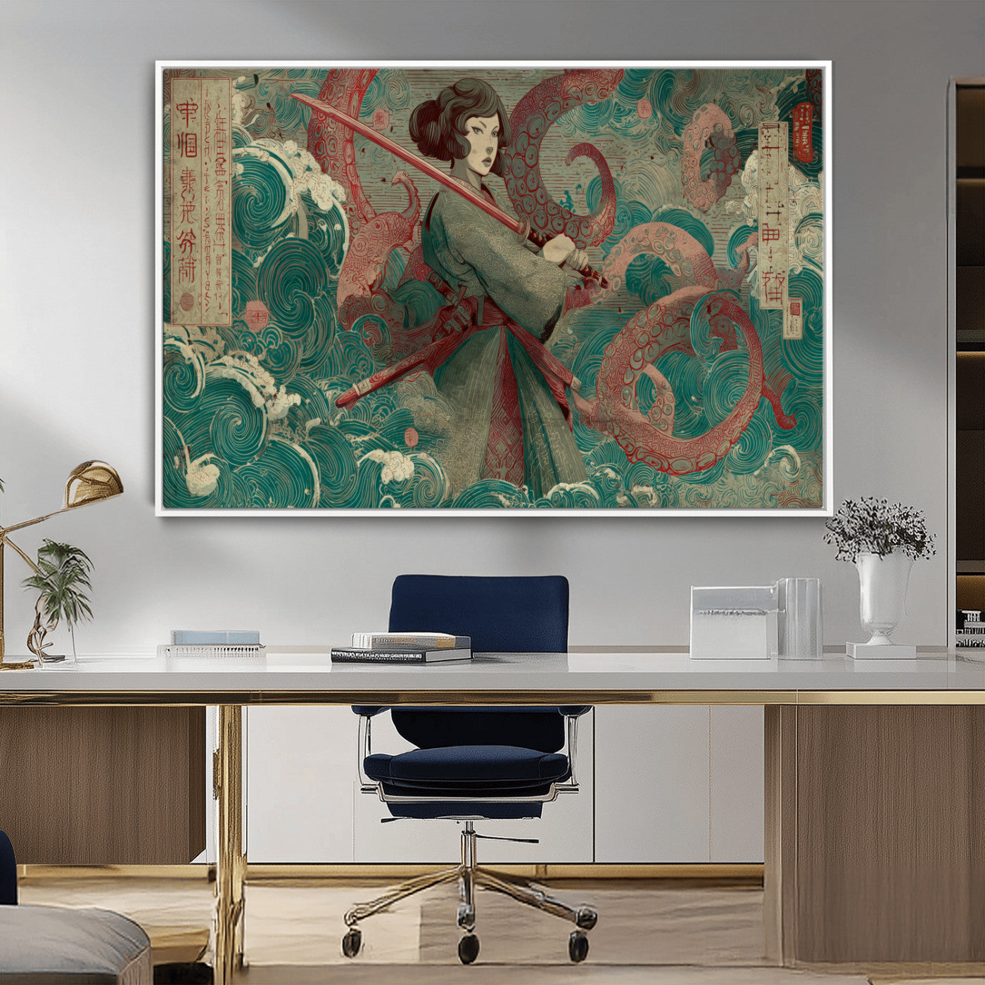 91666601-MGV-CV-36X24-Samurai Woman vs Octopus Wall Art – Japanese Ukiyo-e Green Robe Canvas Print, Ocean Battle Artwork for Living Room, Office, Man