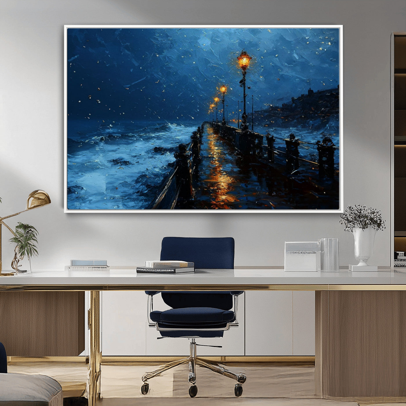 48300530-MGV-CV-36X24-Dark Stormy Pier Canvas Wall Art – Moody Ocean Night Scene with Street Lamps, Blue Coastal Seascape Print for Bedroom, Office, or