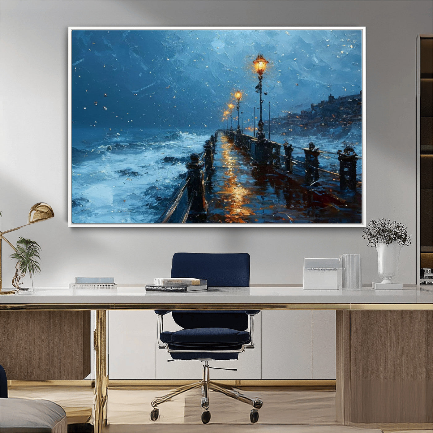 93793246-MGV-CV-36X24-Stormy Night Pier Canvas Wall Art – Moody Ocean Landscape with Lights, Blue Coastal Seascape Print for Bedroom, Living Room,