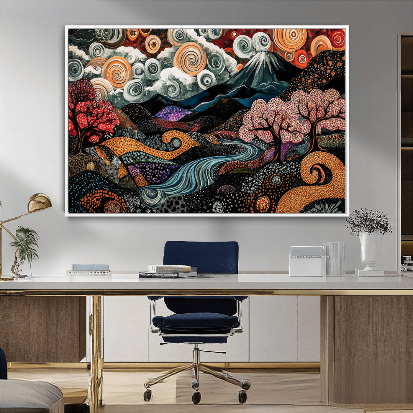 12680299-MGV-CV-36X24-Abstract Landscape Wall Art – Whimsical Swirling Sky Mountain Print with Cherry Blossoms and Colorful Dreamlike Nature Artwork for