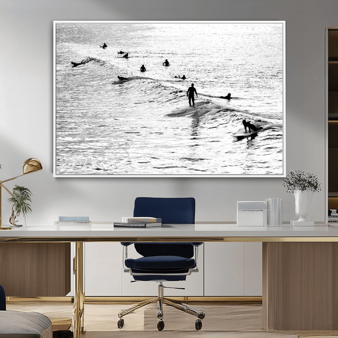68018616-MGV-CV-36X24-Black and White Surf Photography Print – Minimalist Ocean Wall Art, Surfers Riding Waves, Coastal Beach Decor for Modern Home or