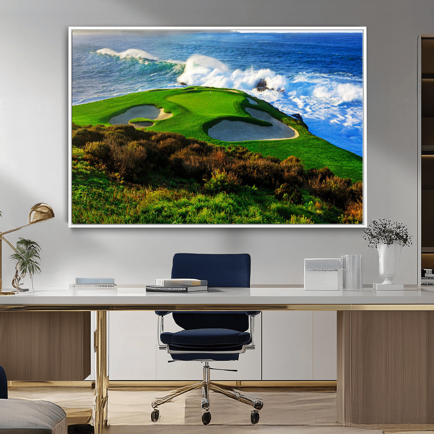 34181847-MGV-CV-36X24-Coastal Golf Course Wall Art – Panoramic Ocean Fairway Canvas Print, Scenic Sports Photography Decor for Office, Man Cave, Living