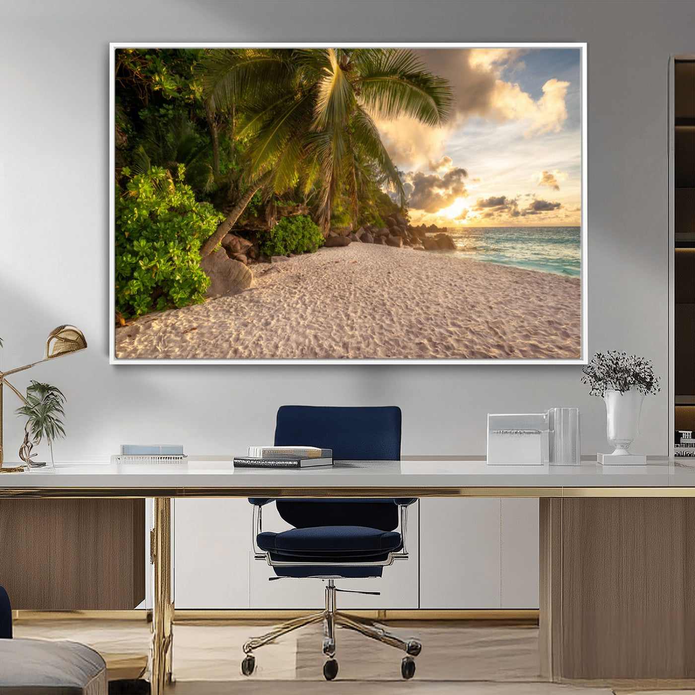 89531159-MGV-CV-36X24-Tropical Beach Sunset Canvas Wall Art – Palm Trees Golden Sand Ocean Waves Coastal Paradise Print for Beach House Bedroom Bathroom