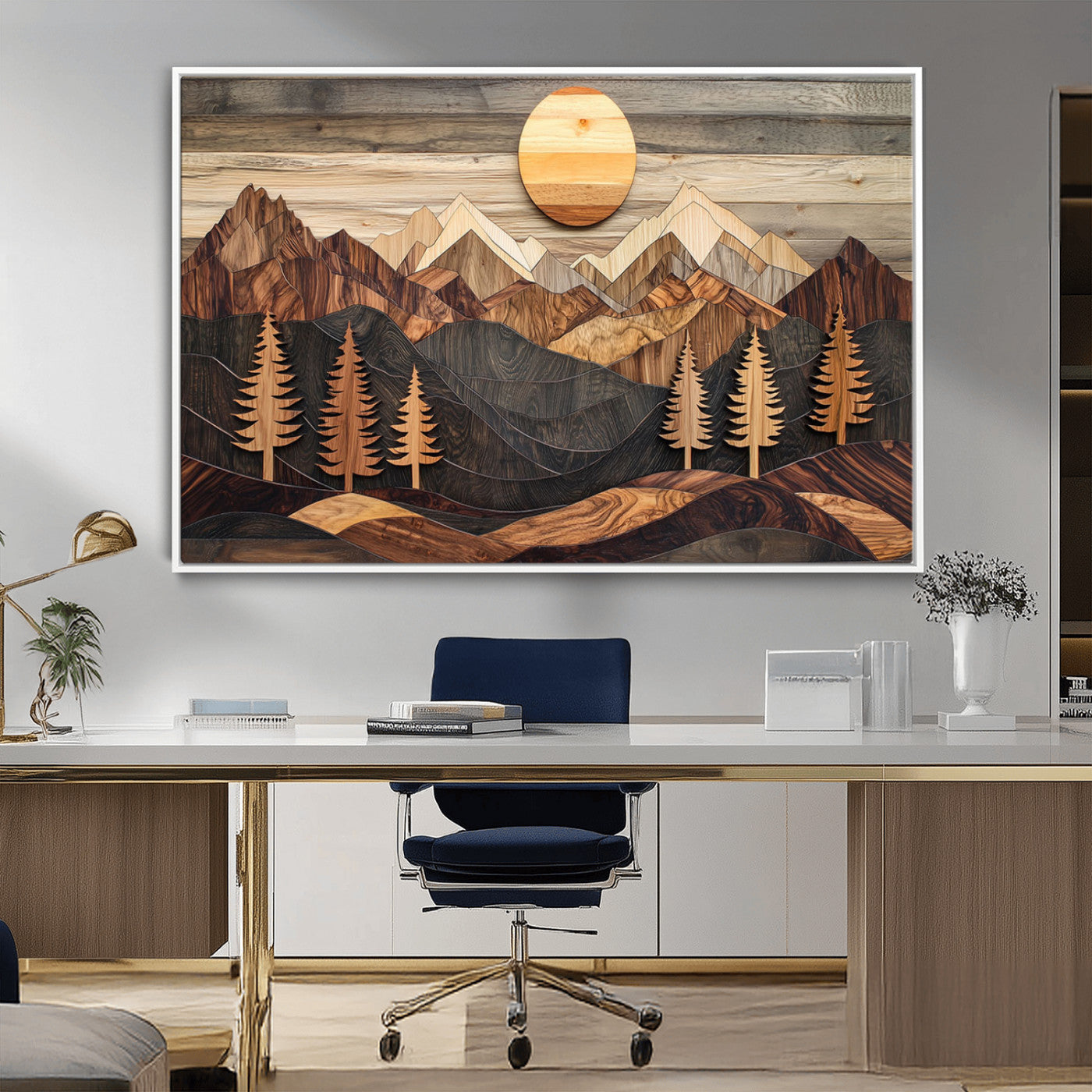 90044381-MGV-CV-36X24-Rustic Wall Art – Wooden Mountain Landscape with Sun and Pine Trees, Handcrafted Nature Canvas Style Decor for Bedroom, Living