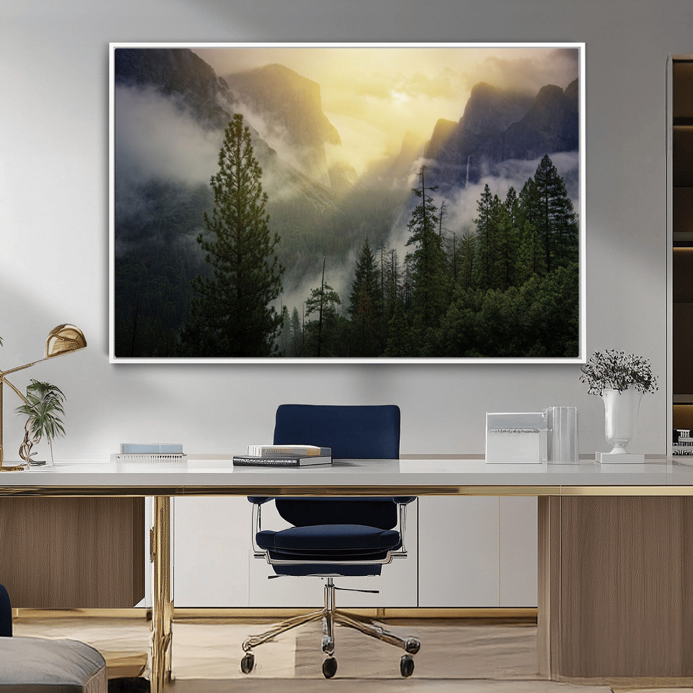 38316884-MGV-CV-36X24-Landscape Wall Art – Misty Mountain Valley Canvas Print, Scenic Pine Forest and Sunrise Photography Decor for Bedroom, Living