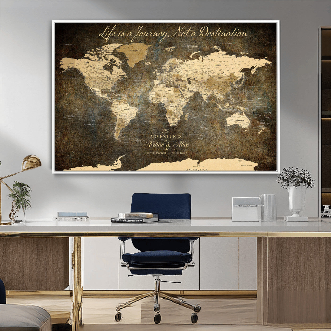 13394308-MGV-CV-36X24-Personalized World Map Wall Art – Dark Rustic Vintage Adventure Travel Map with Custom Couple Names, Timeless Wall Decor for Home
